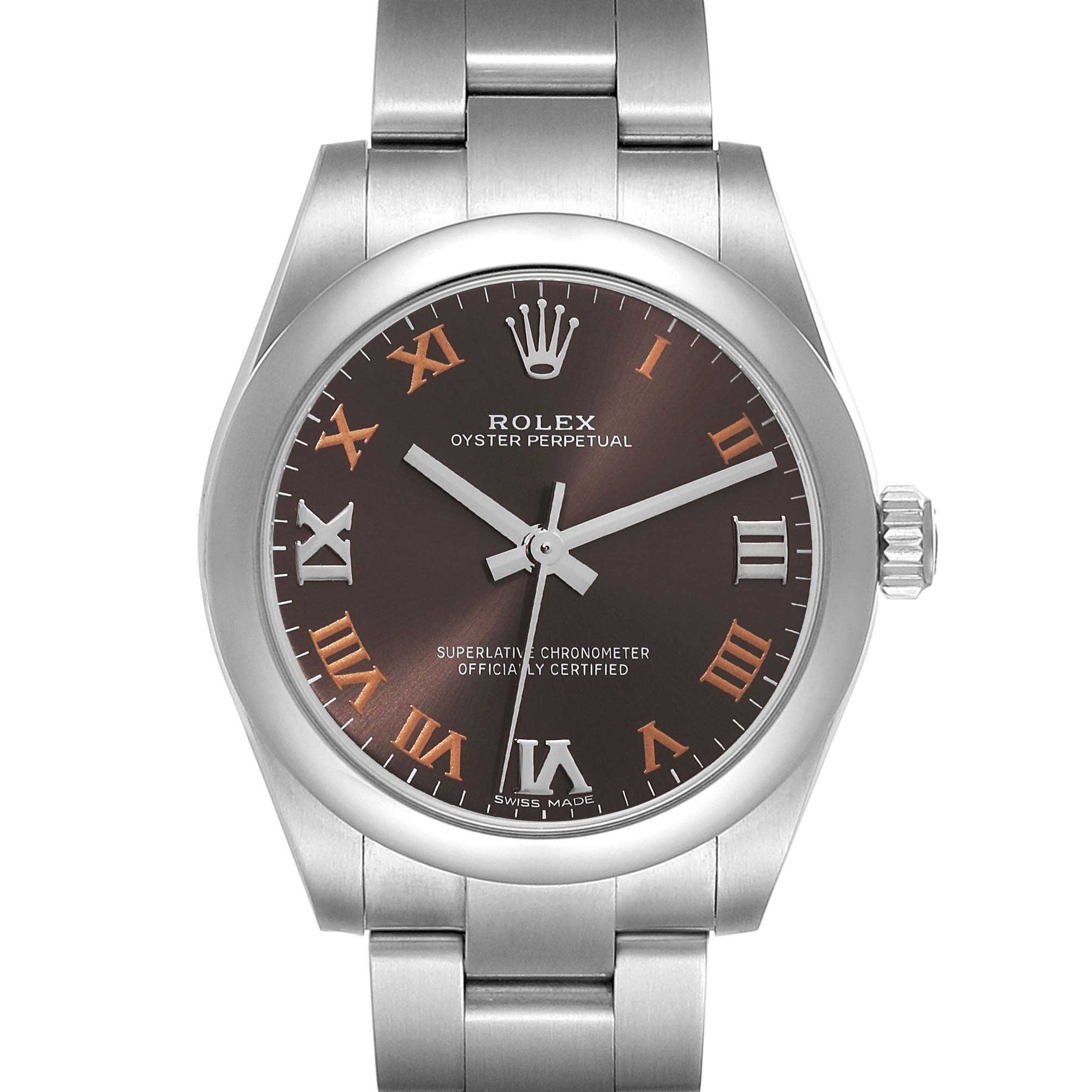The image shows a front view of a Rolex Oyster Perpetual Mid-Size watch, highlighting its dial, hands, and bracelet.