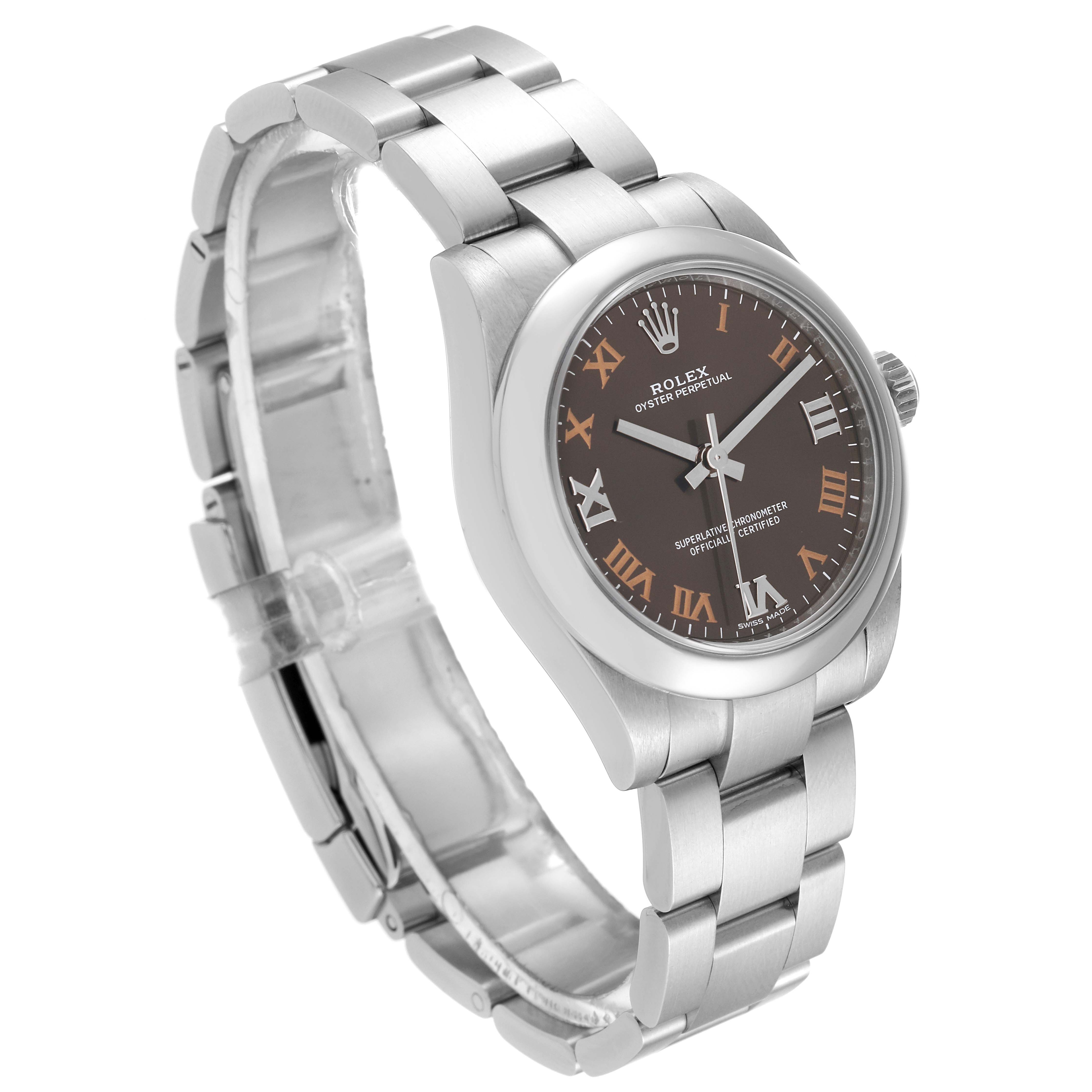 This image shows a Rolex Mid-Size 177200 Women's Stainless Steel Grey Dial 177200 Women's Stainless Steel Grey Dial watch at an angled view, highlighting its bracelet, case, and dial.