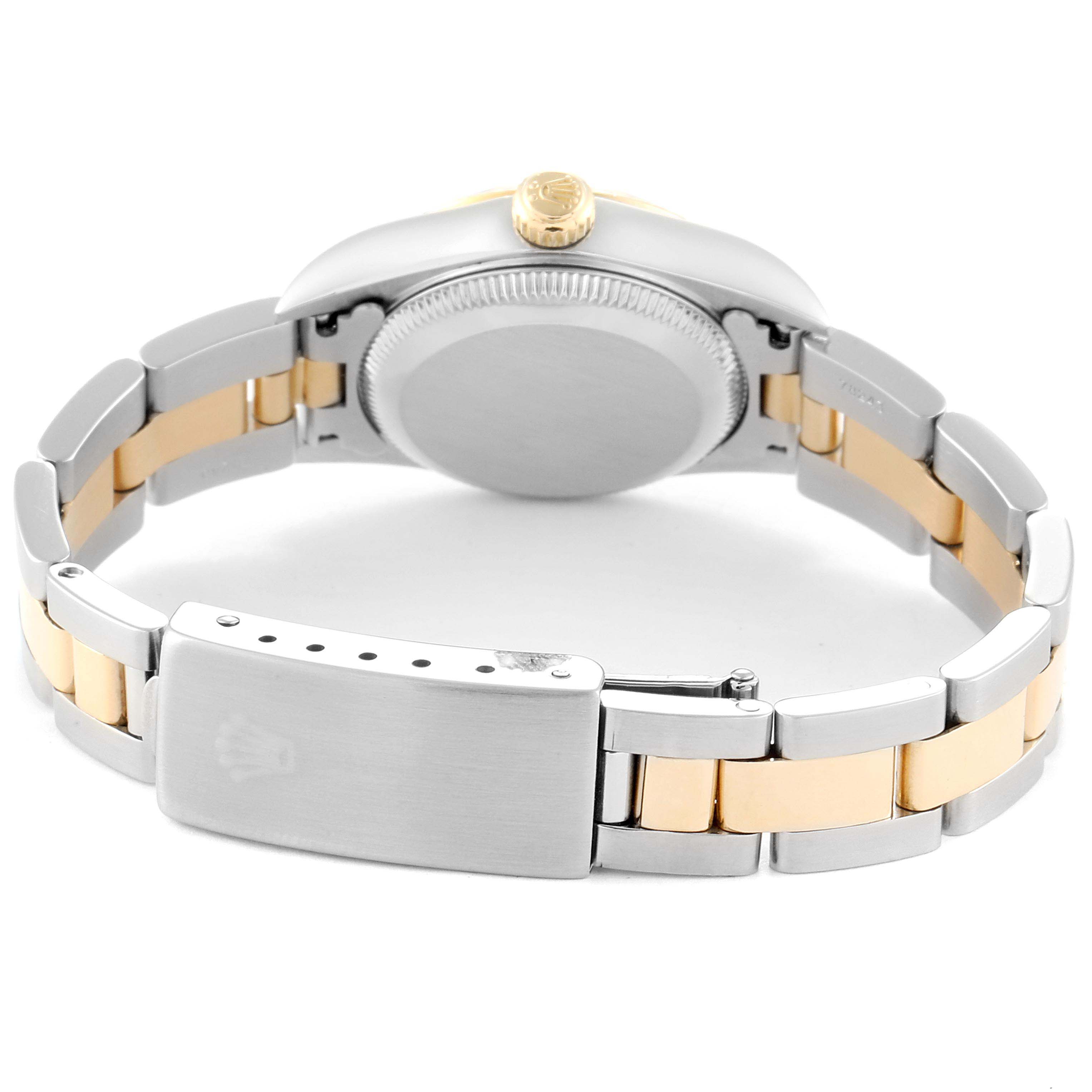 This image shows the back view of the Rolex Oyster Perpetual 76193 Women's Stainless Steel Grey Dial 76193 Women's Stainless Steel Grey Dial watch, highlighting the bracelet and clasp.