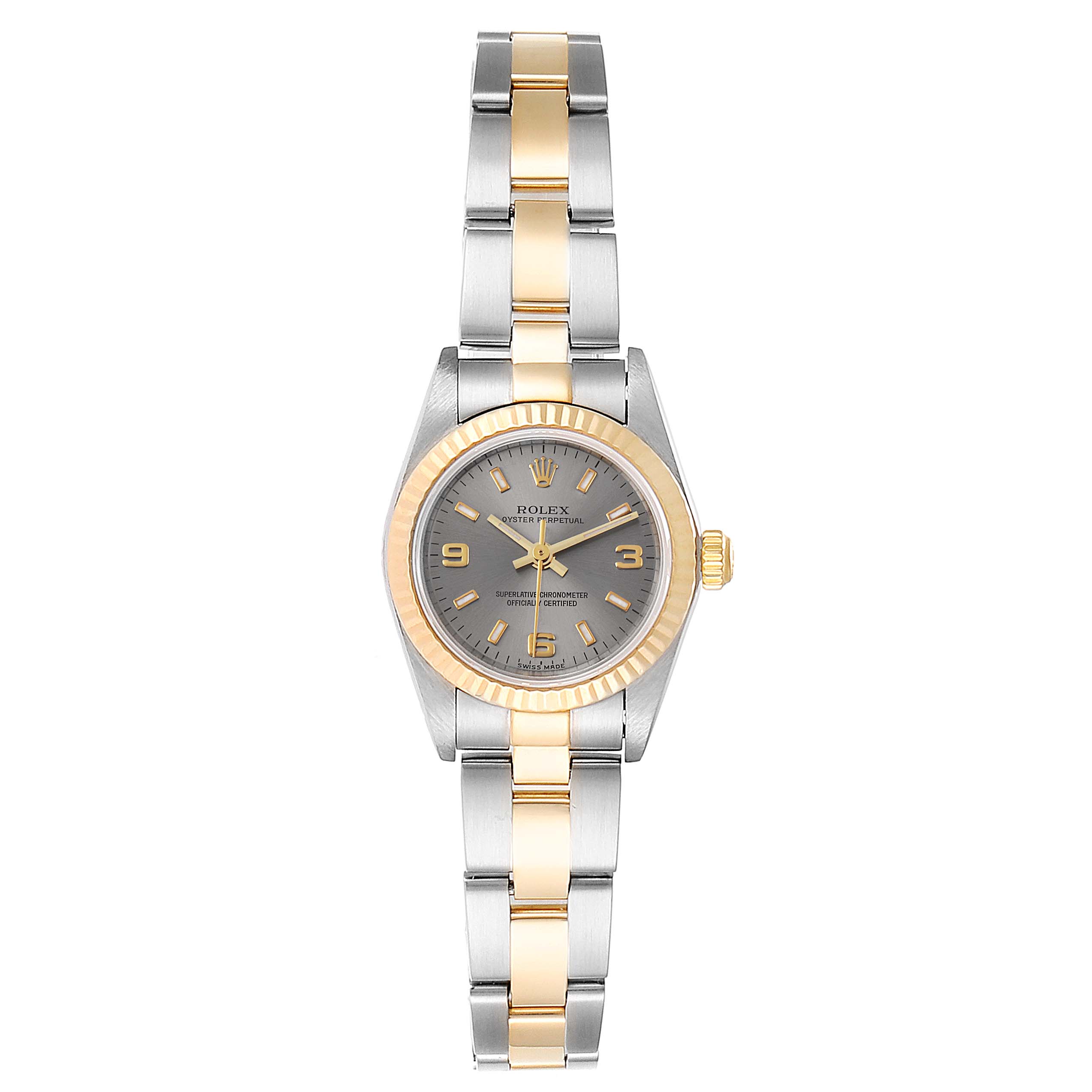 This image shows a front view of a Rolex Oyster Perpetual 76193 Women's Stainless Steel Grey Dial 76193 Women's Stainless Steel Grey Dial watch, featuring a two-tone bracelet and a dark-colored dial.