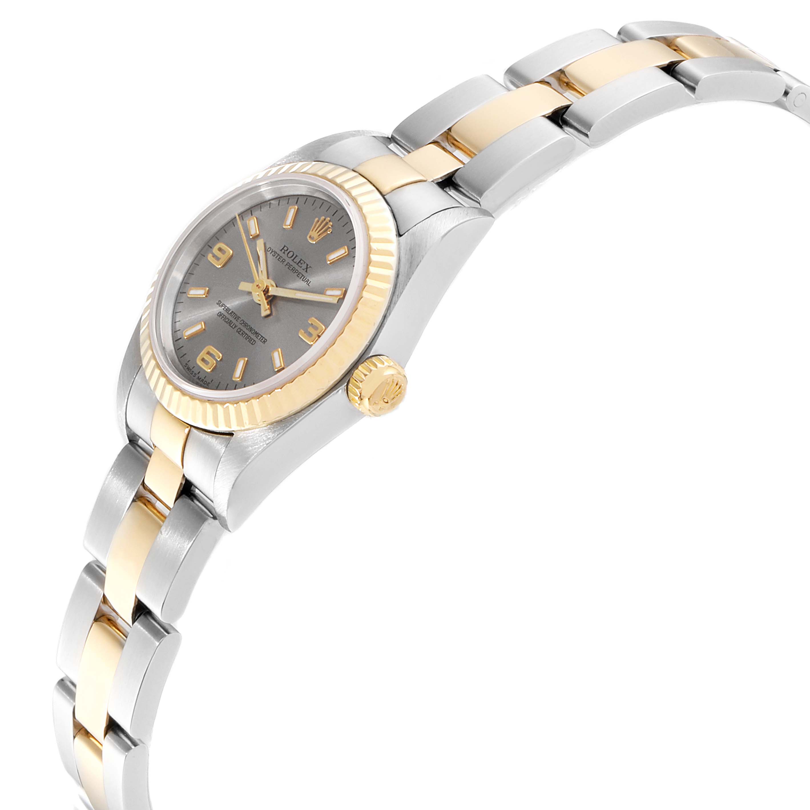 The Rolex Oyster Perpetual 76193 Women's Stainless Steel Grey Dial 76193 Women's Stainless Steel Grey Dial watch is shown in a side angle, highlighting its two-tone bracelet, crown, and bezel.