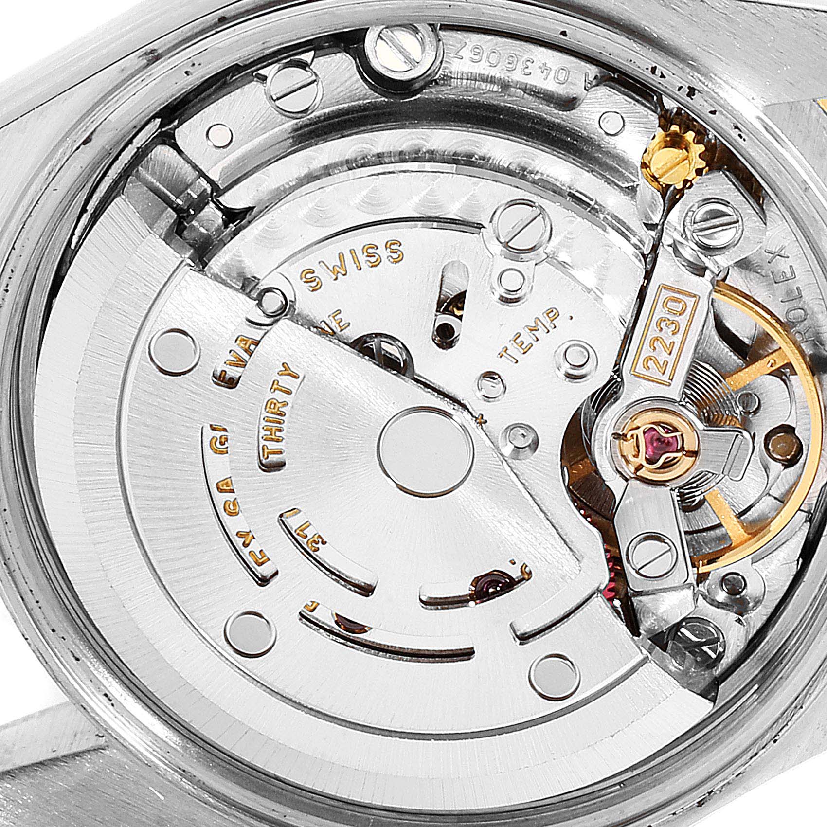 The image shows a close-up view of the movement mechanism of a Rolex Oyster Perpetual 76193 Women's Stainless Steel Grey Dial 76193 Women's Stainless Steel Grey Dial watch.