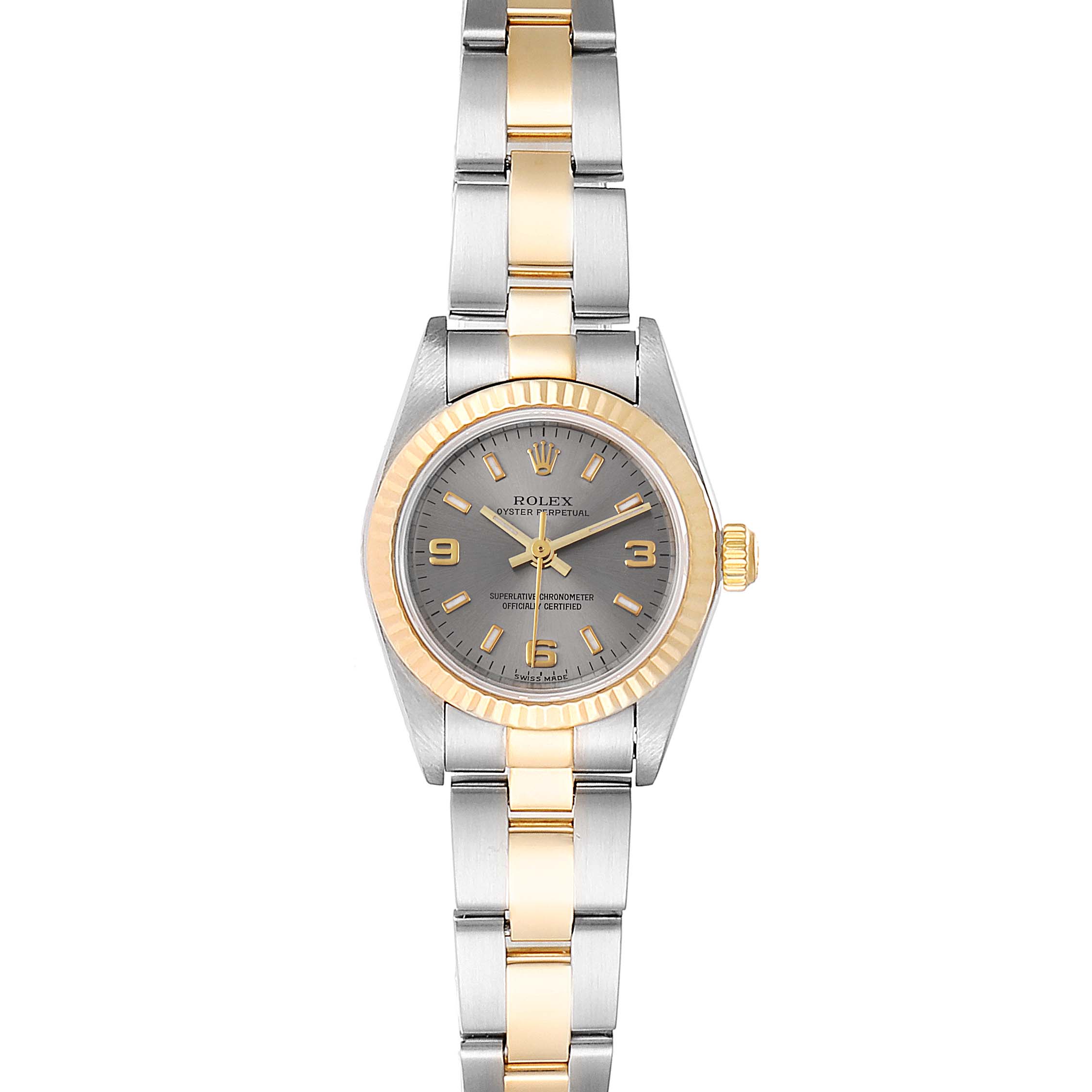 The Rolex Oyster Perpetual 76193 Women's Stainless Steel Grey Dial 76193 Women's Stainless Steel Grey Dial watch is shown from a top-down angle, displaying the dial, bezel, bracelet, and crown.