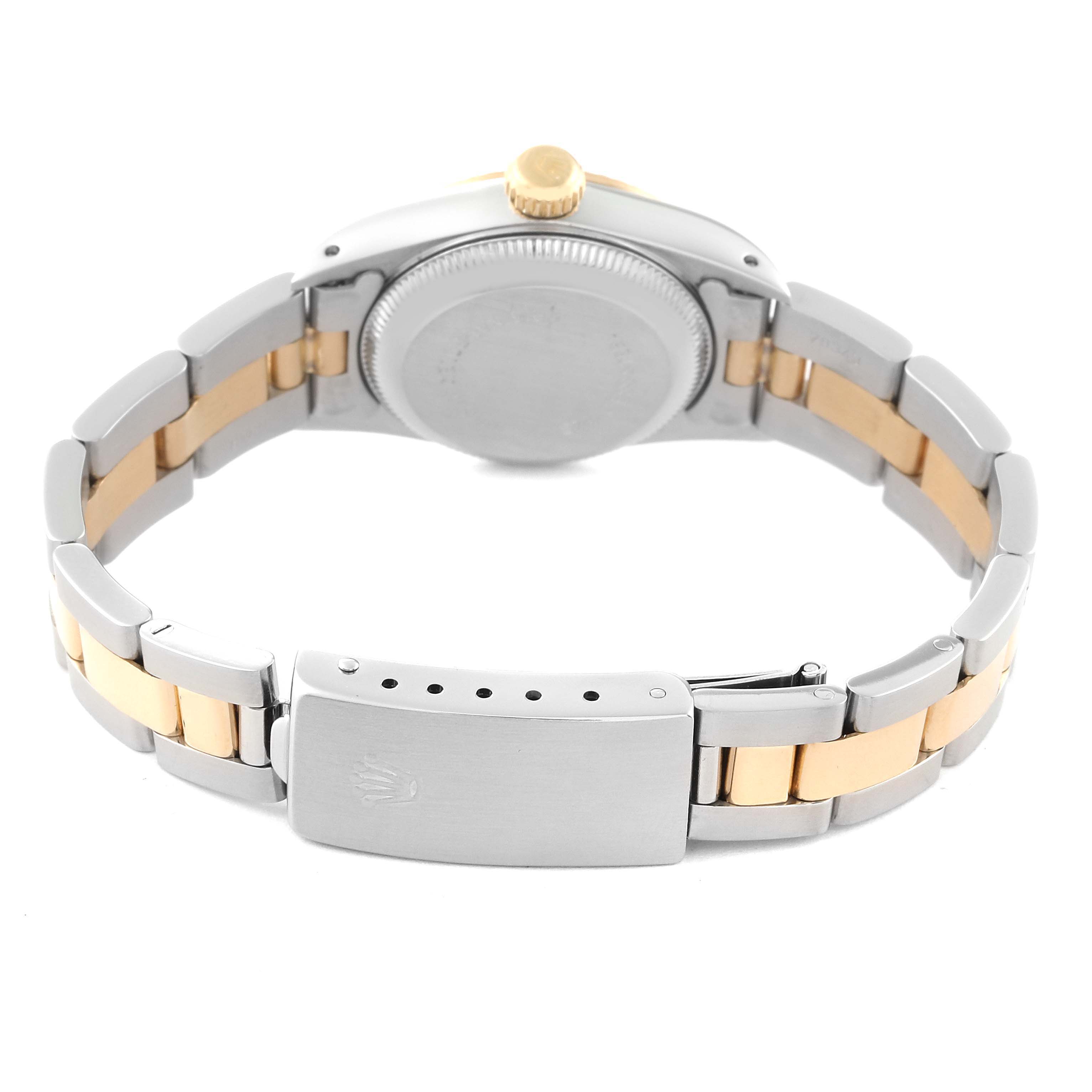 The image shows the back view of a Rolex Oyster Perpetual 67193 Women's Steel and Gold (two tone) Champagne Dial 67193 Women's Steel and Gold (two tone) Champagne Dial watch, highlighting its case, bracelet, and clasp.