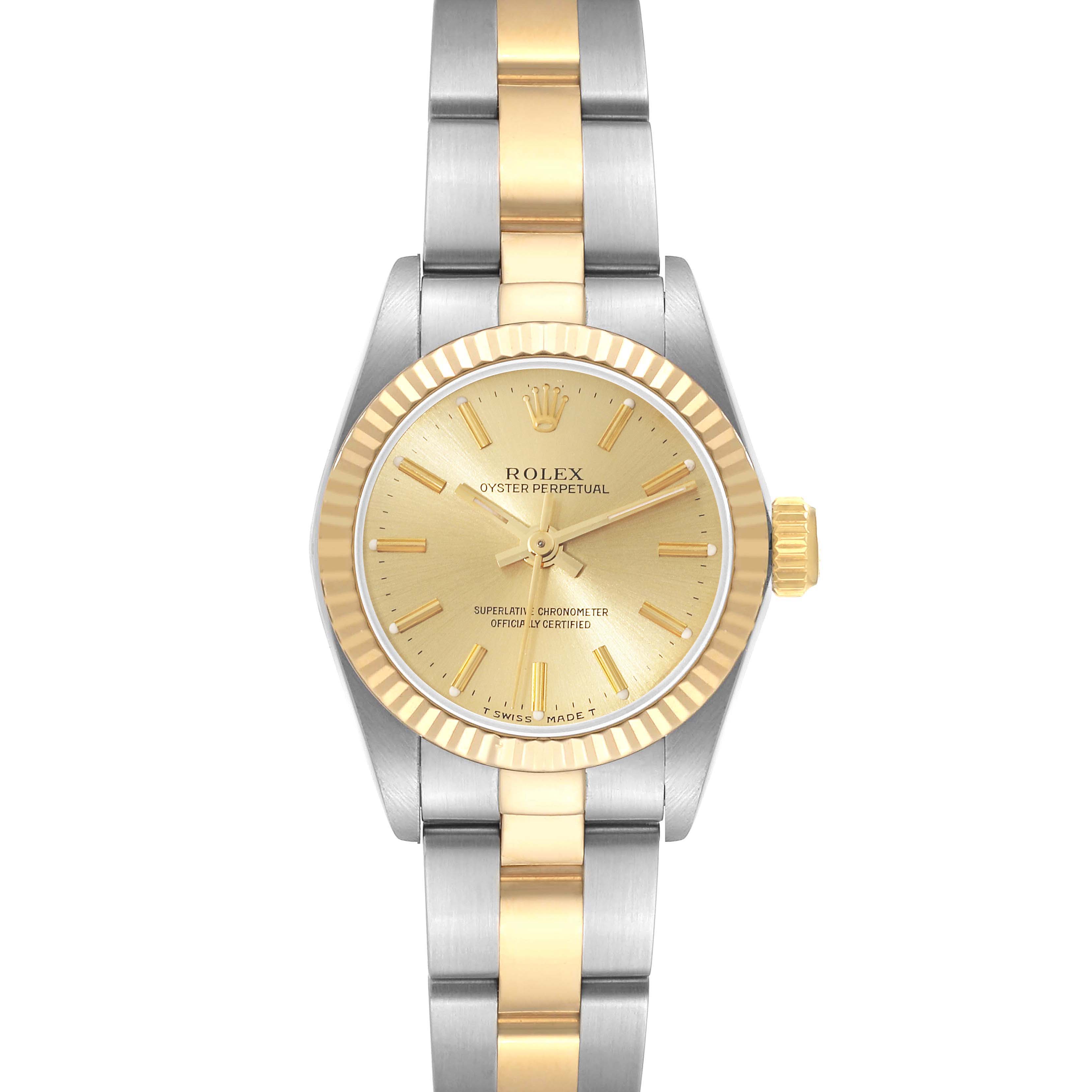 The Rolex Oyster Perpetual 67193 Women's Steel and Gold (two tone) Champagne Dial 67193 Women's Steel and Gold (two tone) Champagne Dial watch is shown from a front angle, displaying the face, bezel, and two-tone bracelet.