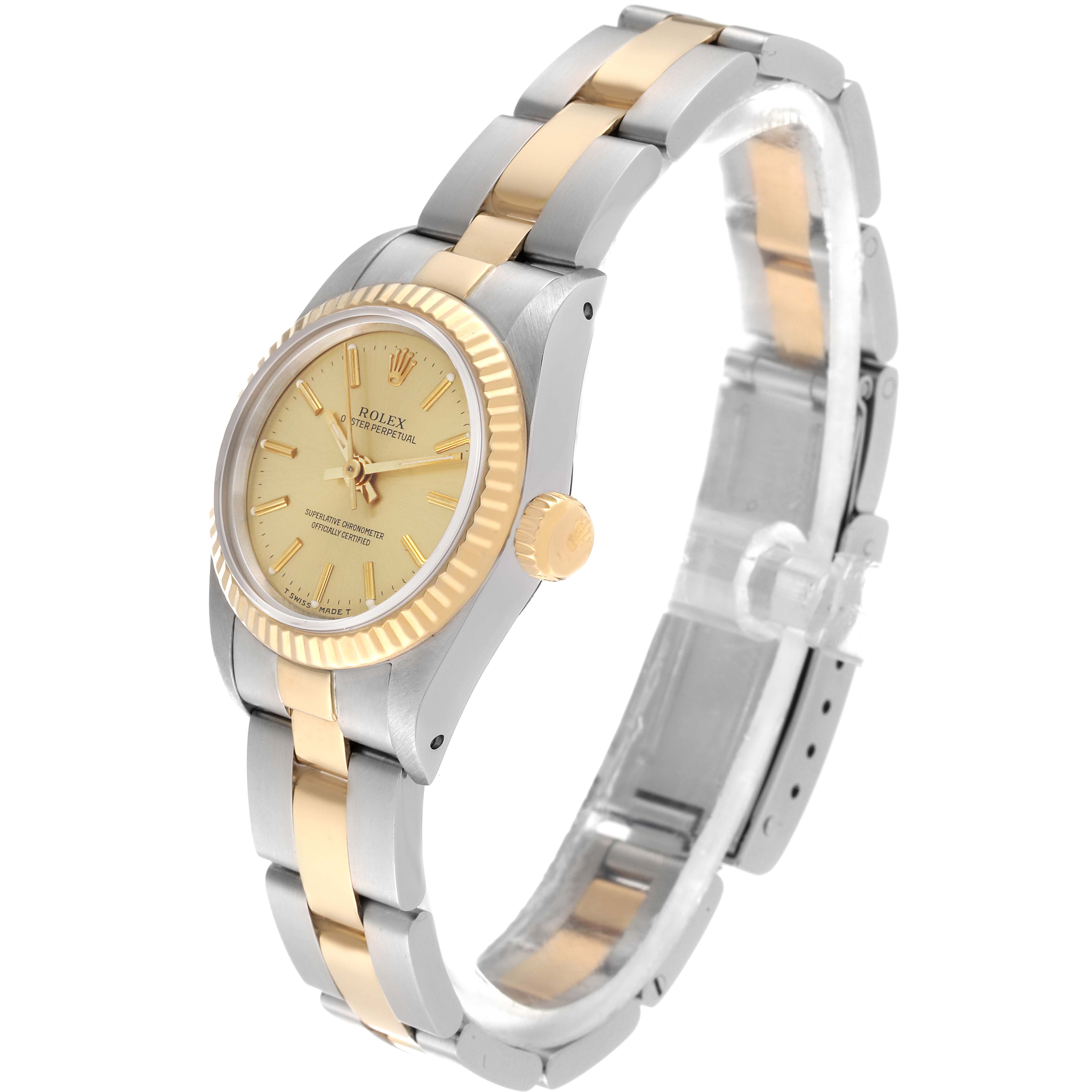 The image shows a Rolex Oyster Perpetual 67193 Women's Steel and Gold (two tone) Champagne Dial 67193 Women's Steel and Gold (two tone) Champagne Dial watch at a slight angle, highlighting the face, crown, and bimetal bracelet.