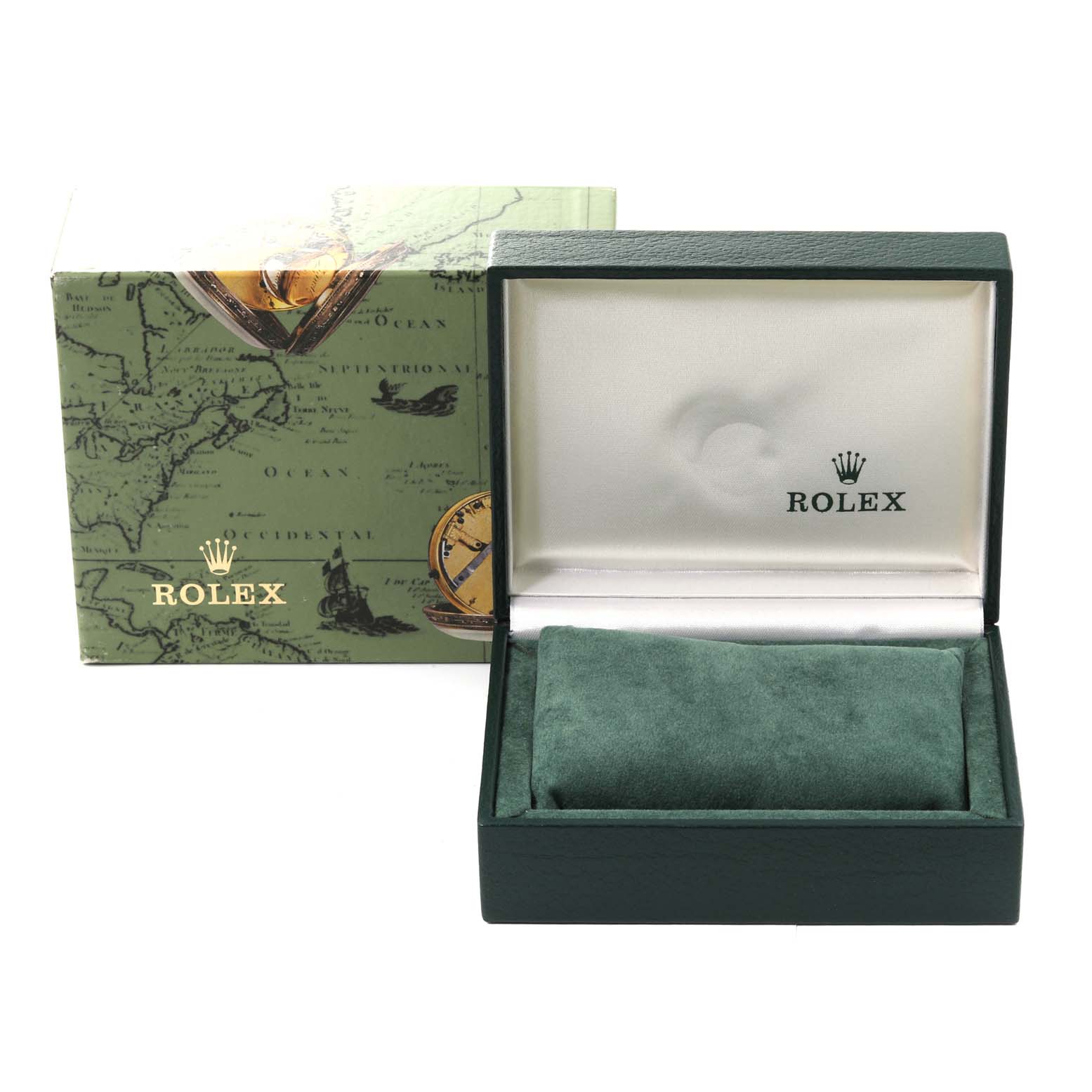 The image shows a Rolex Oyster Perpetual 67193 Women's Steel and Gold (two tone) Champagne Dial 67193 Women's Steel and Gold (two tone) Champagne Dial box, both closed and open, with a green cushion inside.