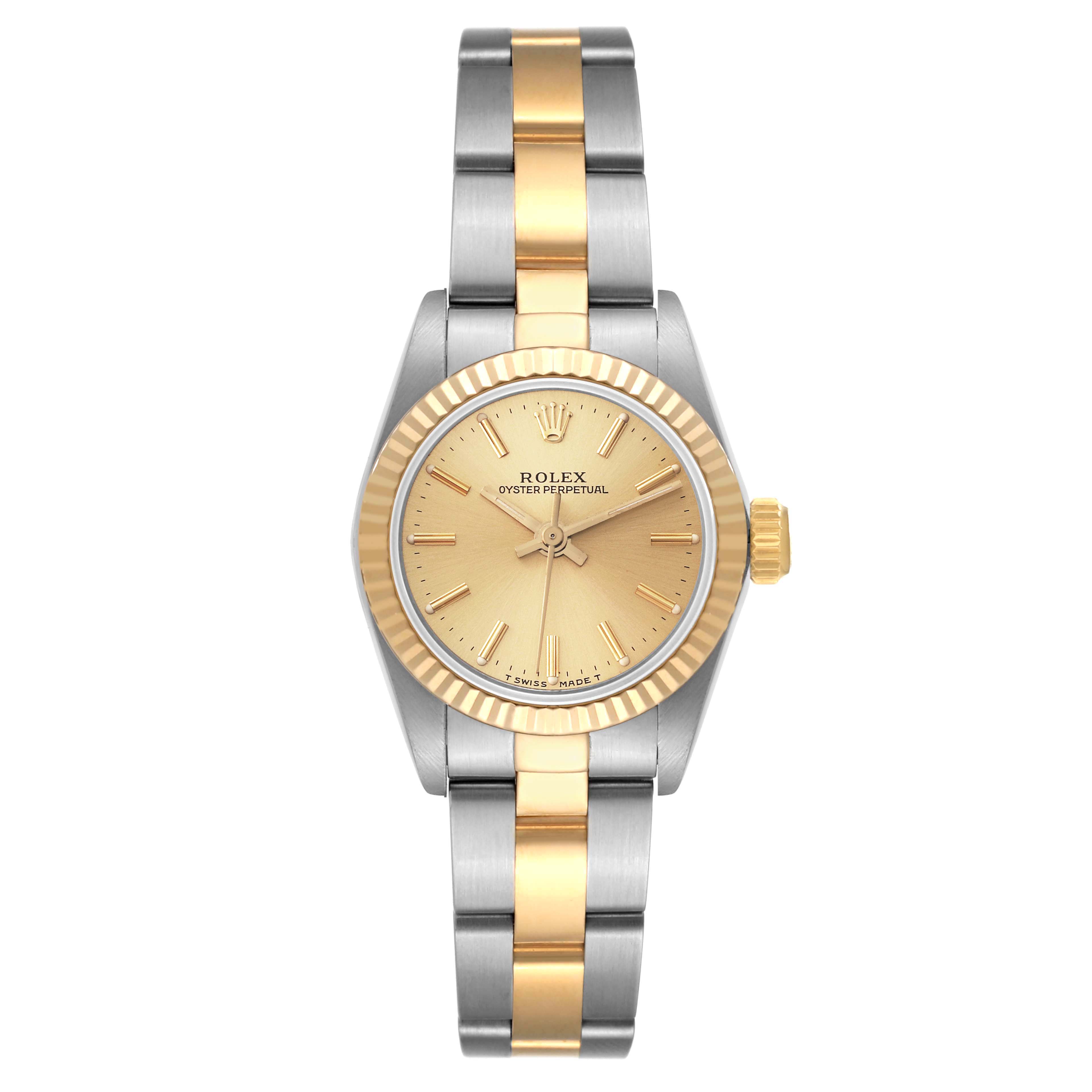This Rolex Oyster Perpetual 67193 Women's Steel and Gold (two tone) Champagne Dial 67193 Women's Steel and Gold (two tone) Champagne Dial watch is shown from a front angle, displaying the face, bezel, and bracelet.