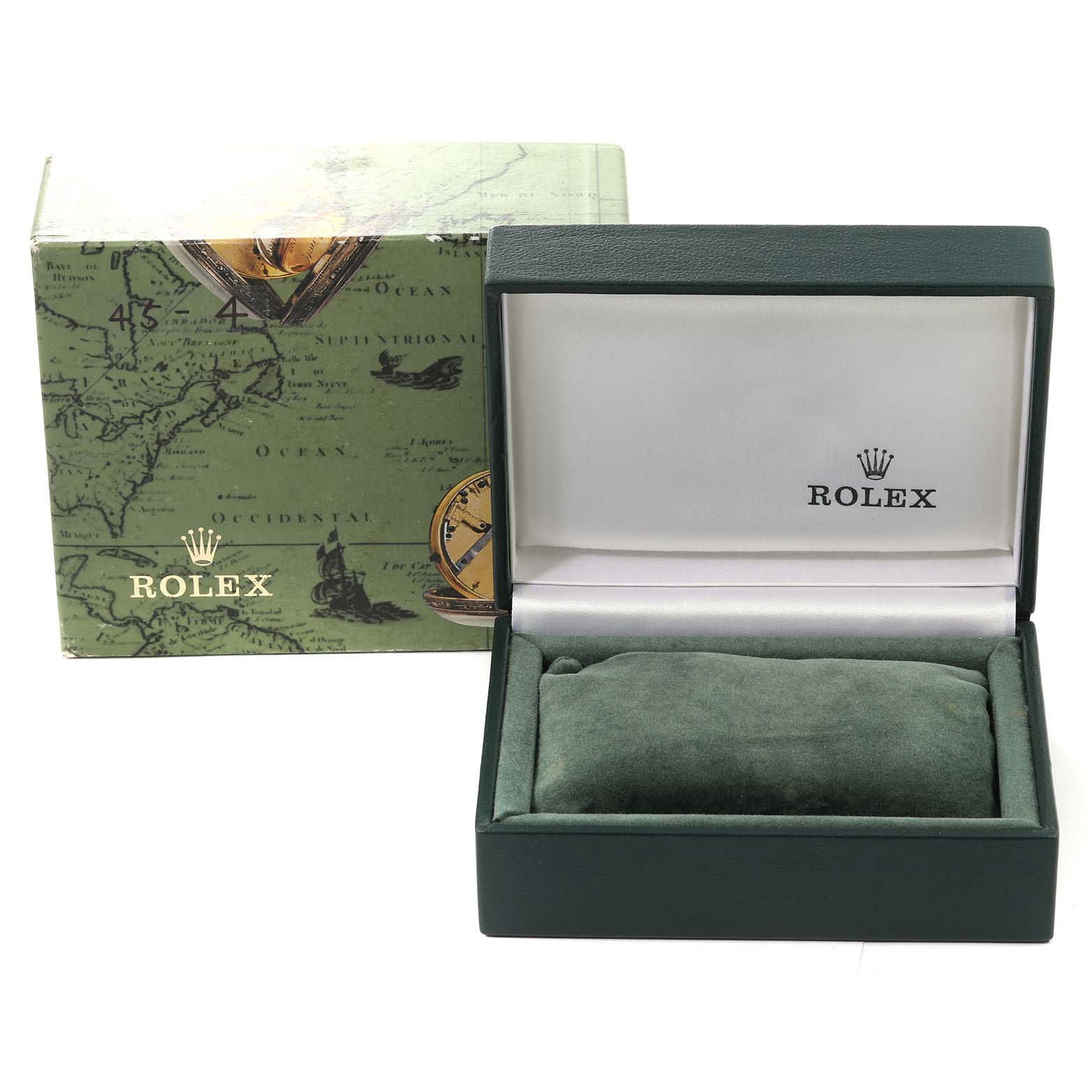 The image shows the packaging and box for a Rolex Oyster Perpetual 67193 Women's Steel and Gold (two tone) Champagne Dial 67193 Women's Steel and Gold (two tone) Champagne Dial watch, displayed open and empty at a front angle.