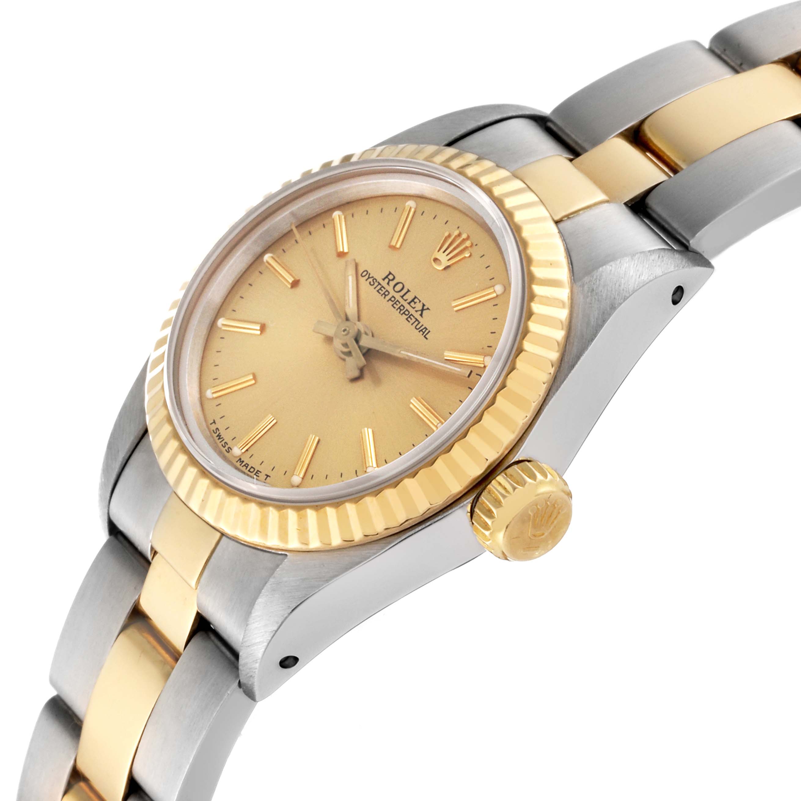 The image shows a side and partial top view of a Rolex Oyster Perpetual 67193 Women's Steel and Gold (two tone) Champagne Dial 67193 Women's Steel and Gold (two tone) Champagne Dial watch, highlighting the bezel, crown, case, and bracelet.