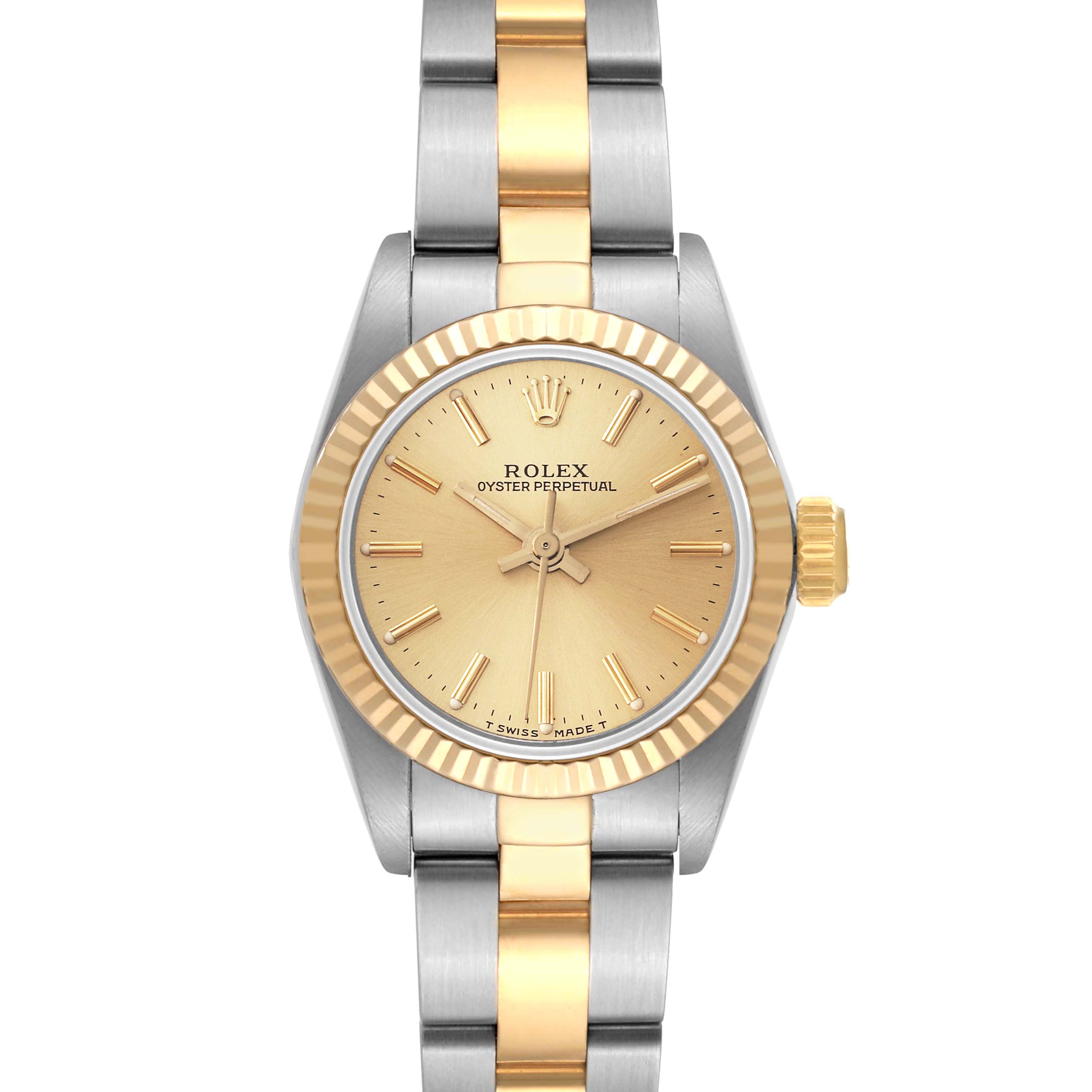 The image shows a front view of a Rolex Oyster Perpetual 67193 Women's Steel and Gold (two tone) Champagne Dial 67193 Women's Steel and Gold (two tone) Champagne Dial watch, highlighting its dial, bezel, and two-tone bracelet.