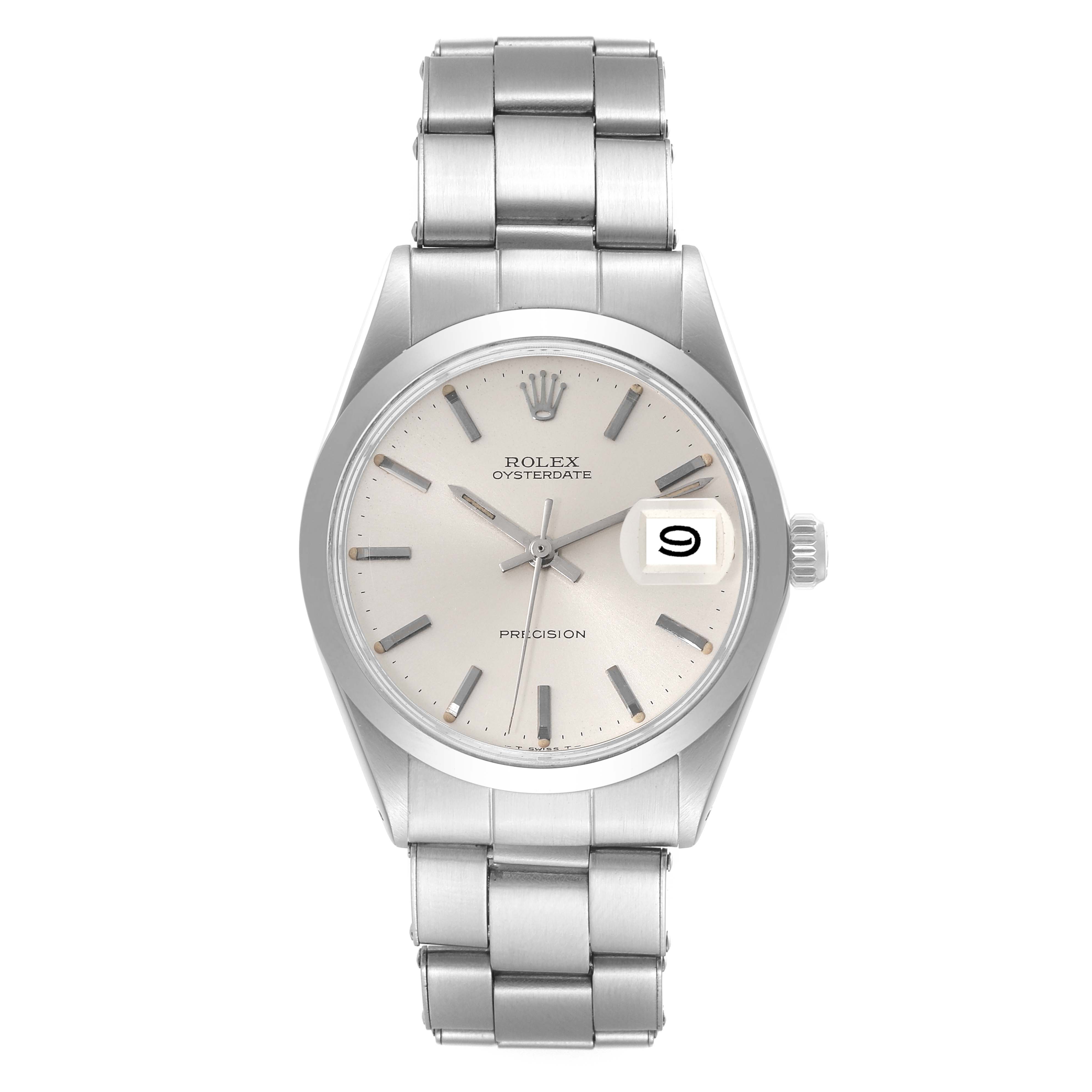 The Vintage Collection Rolex Oysterdate watch is shown from a direct front angle, displaying its dial, hands, date window, and bracelet.
