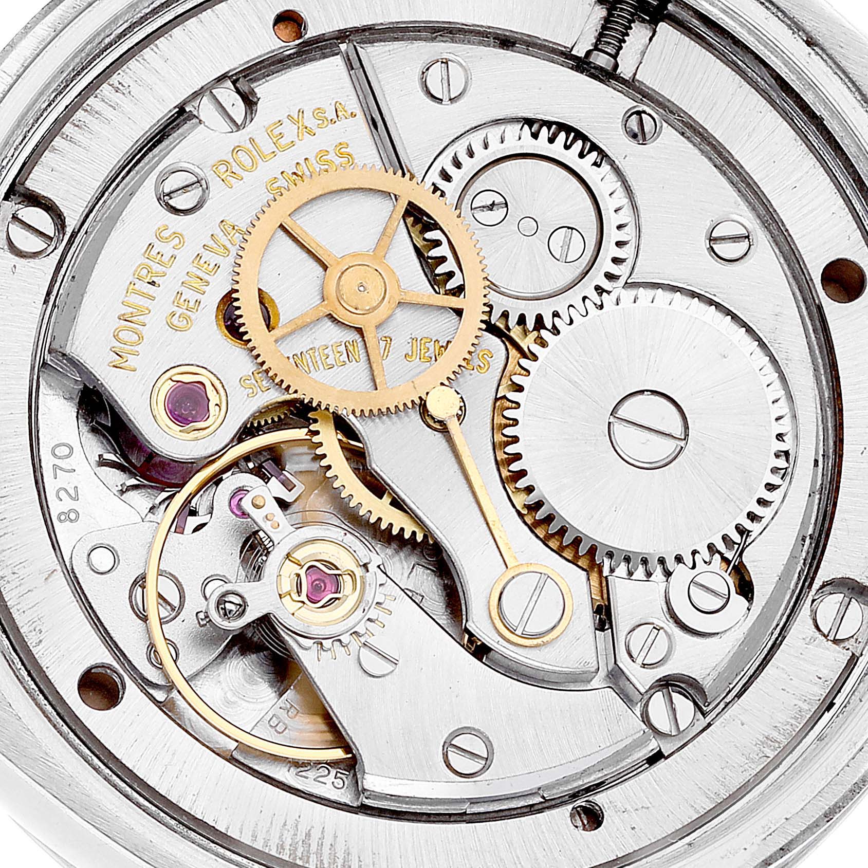 This is a close-up view of the intricate inner mechanism of the Vintage Collection model by Rolex.