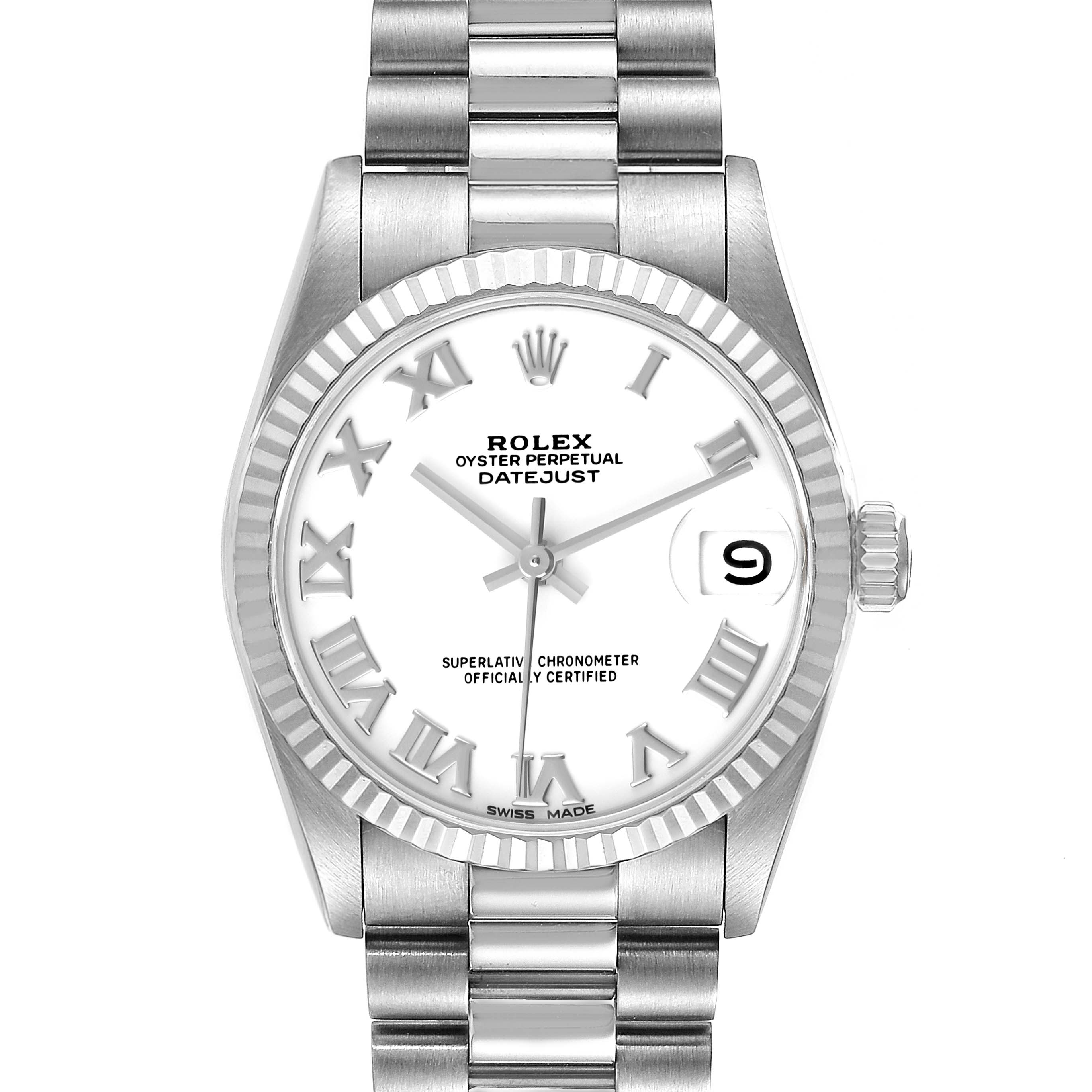 This image shows a front view of the Rolex President 68279 Women's White Gold White Dial 68279 Women's White Gold White Dial model watch, highlighting its face, bezel, and bracelet.