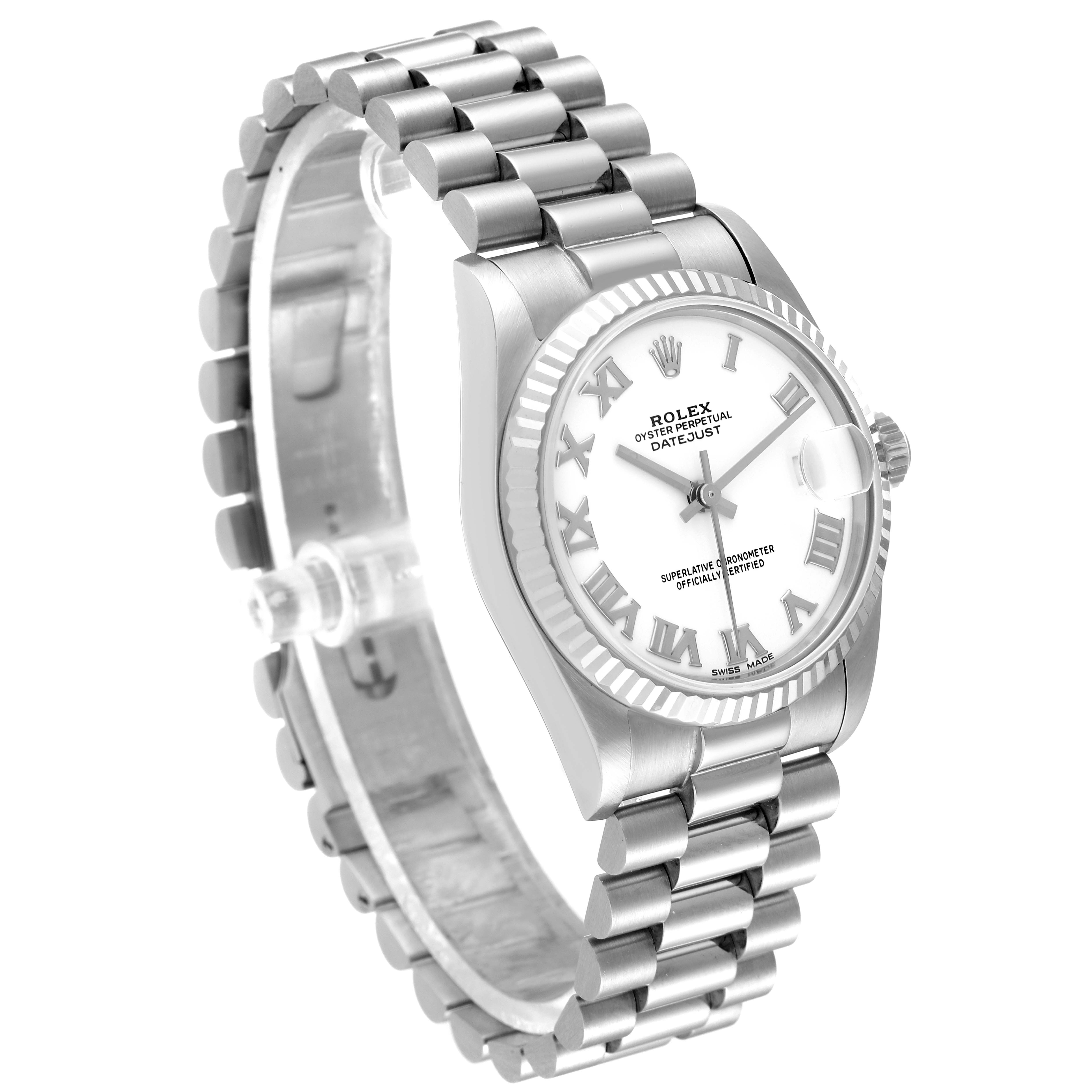 The Rolex President 68279 Women's White Gold White Dial 68279 Women's White Gold White Dial model watch is shown at a slight angle, highlighting the face, bezel, and bracelet.