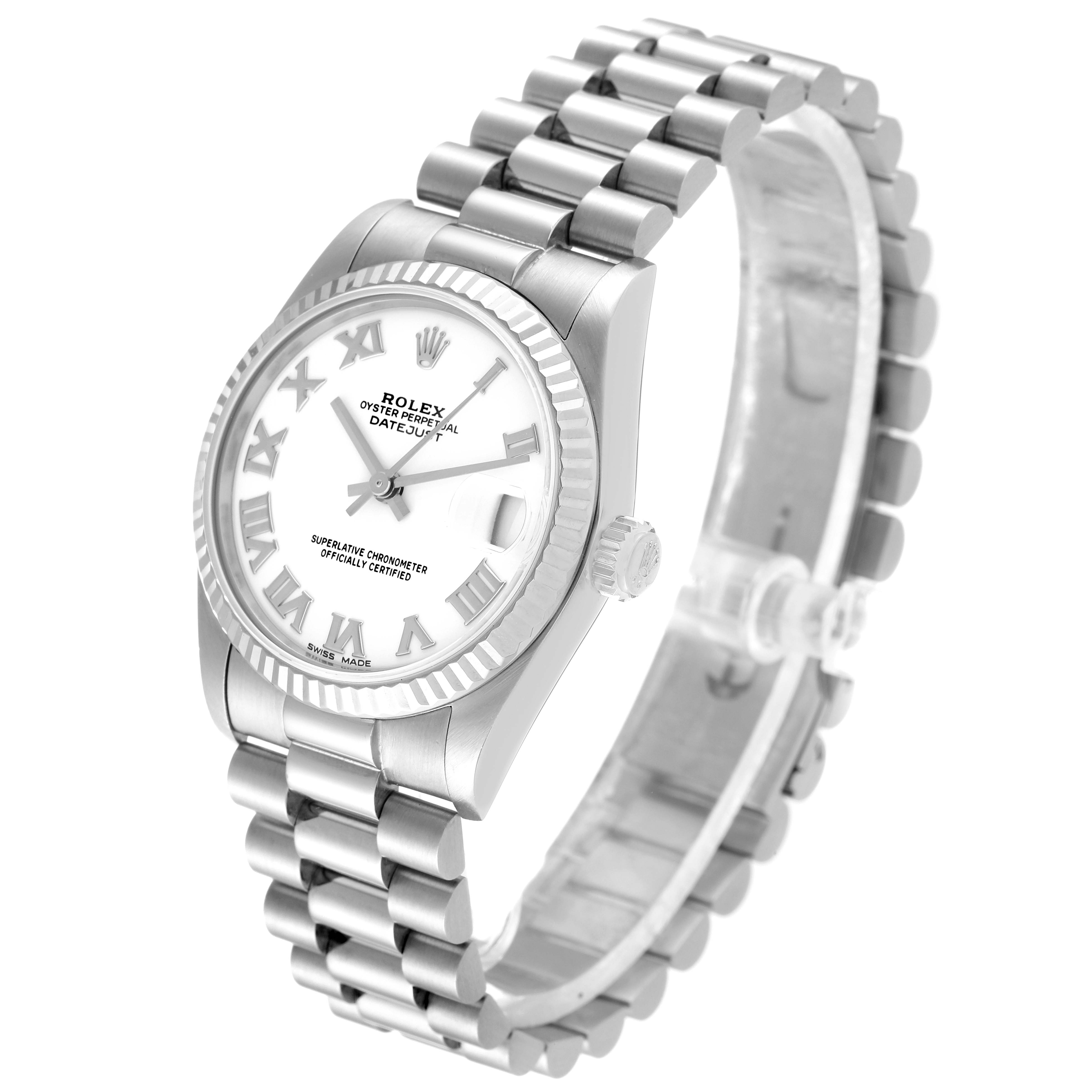 The image shows a Rolex President 68279 Women's White Gold White Dial 68279 Women's White Gold White Dial model watch at a three-quarter angle, highlighting its white dial, fluted bezel, and oyster bracelet.
