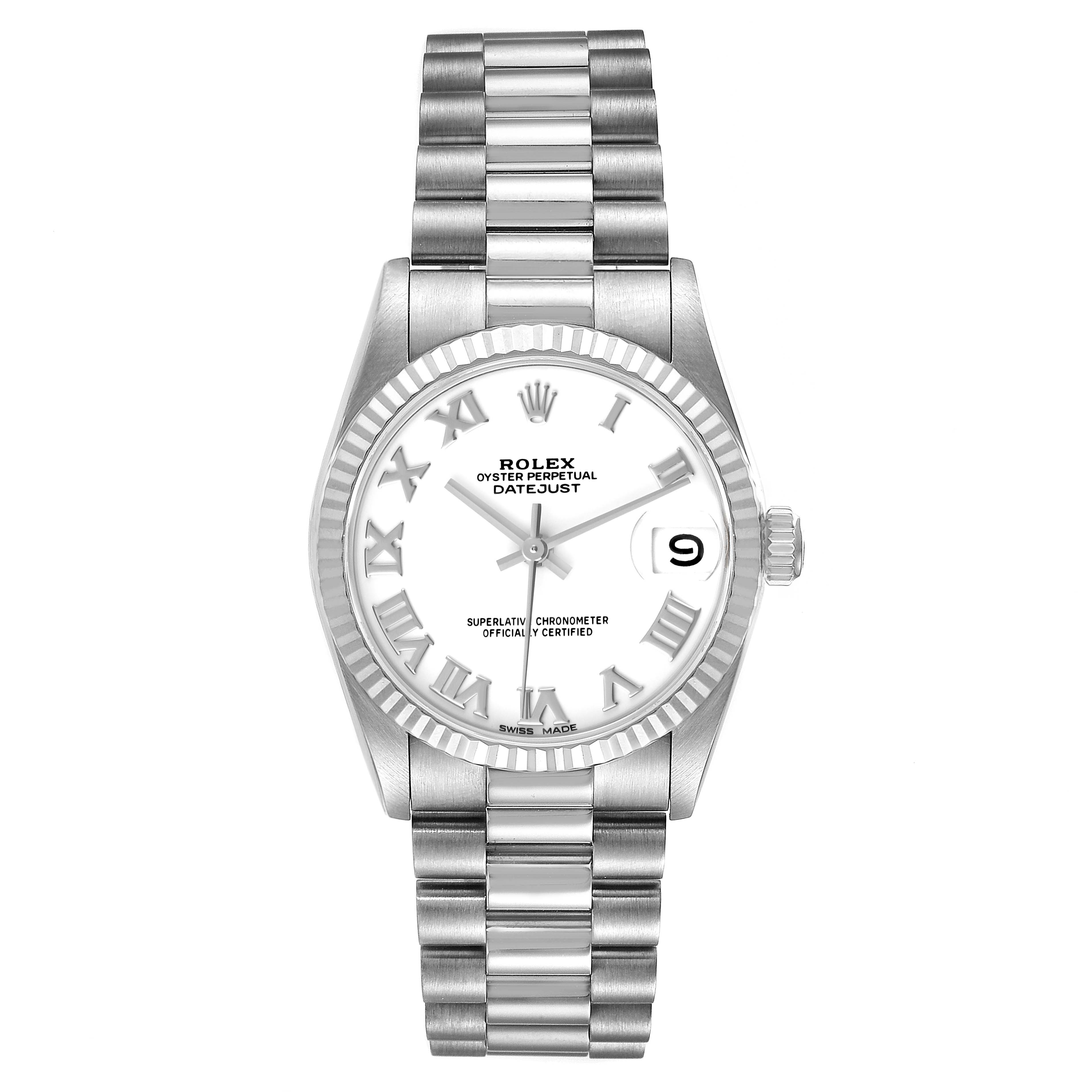This image shows the front view of a Rolex President 68279 Women's White Gold White Dial 68279 Women's White Gold White Dial model watch, displaying its face, bezel, hands, and bracelet.