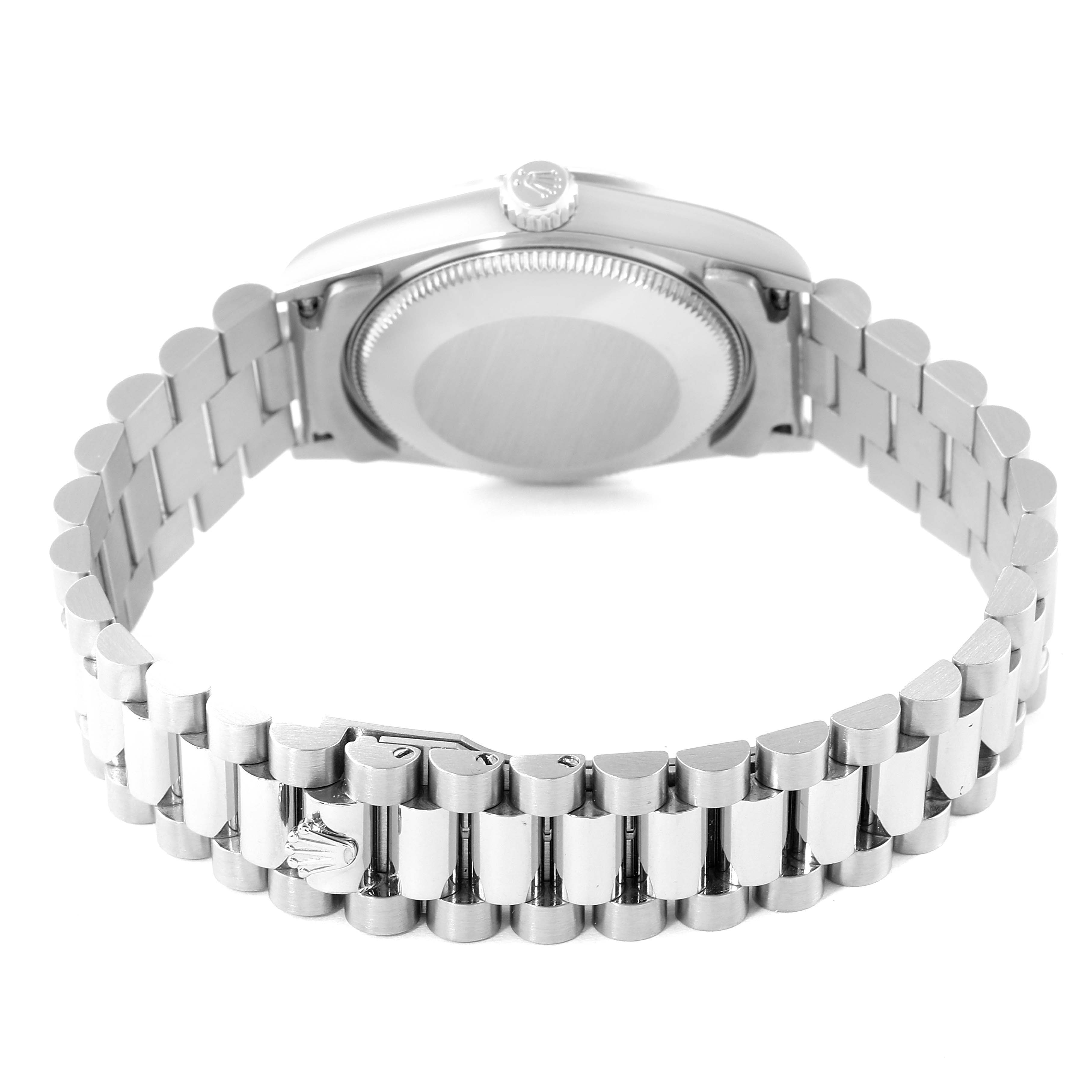 The image shows the back case and the full President bracelet of a Rolex President 68279 Women's White Gold White Dial 68279 Women's White Gold White Dial model watch, viewed at an angle.