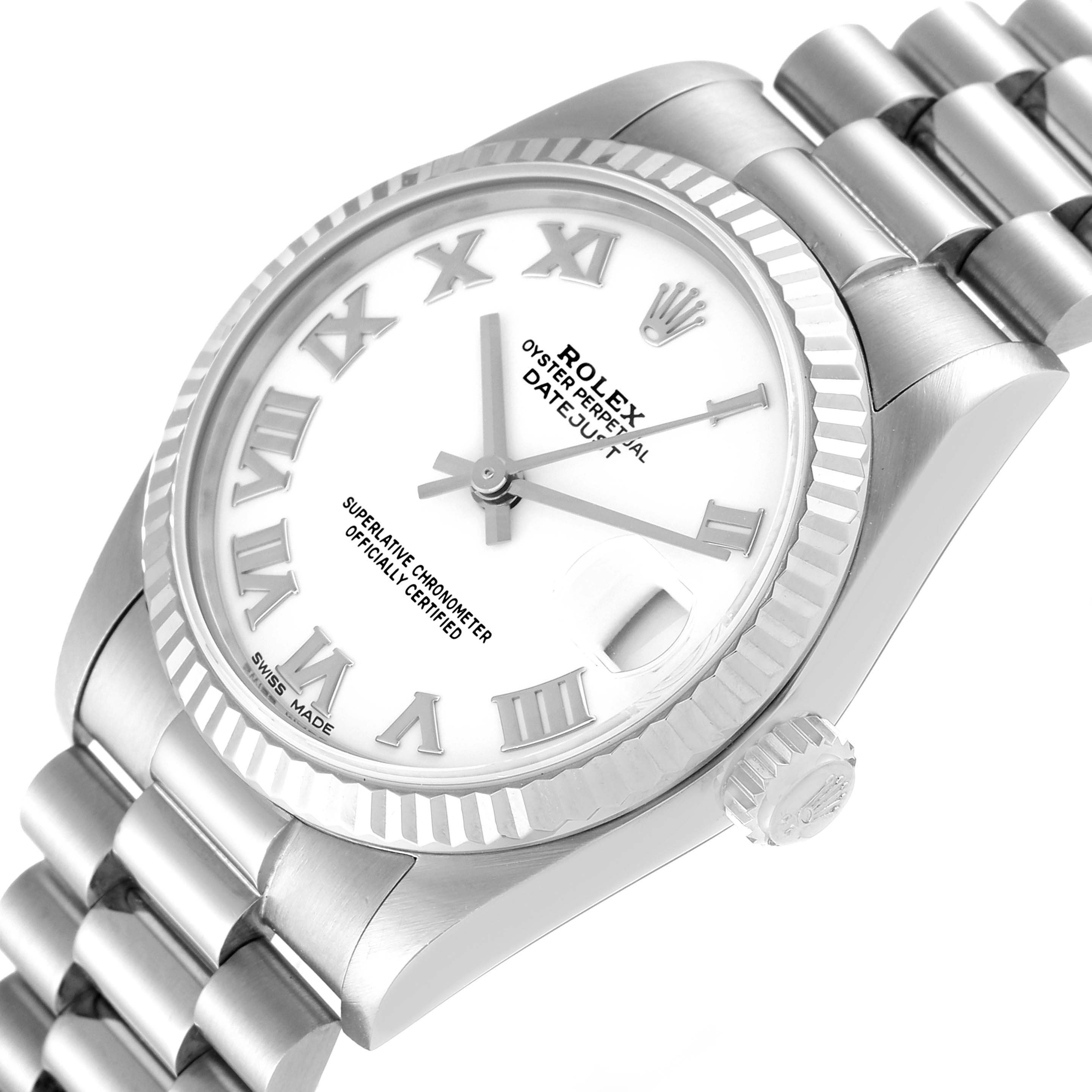 This image shows a Rolex President 68279 Women's White Gold White Dial 68279 Women's White Gold White Dial model watch at an angled top view, displaying the face, bezel, crown, and part of the bracelet.