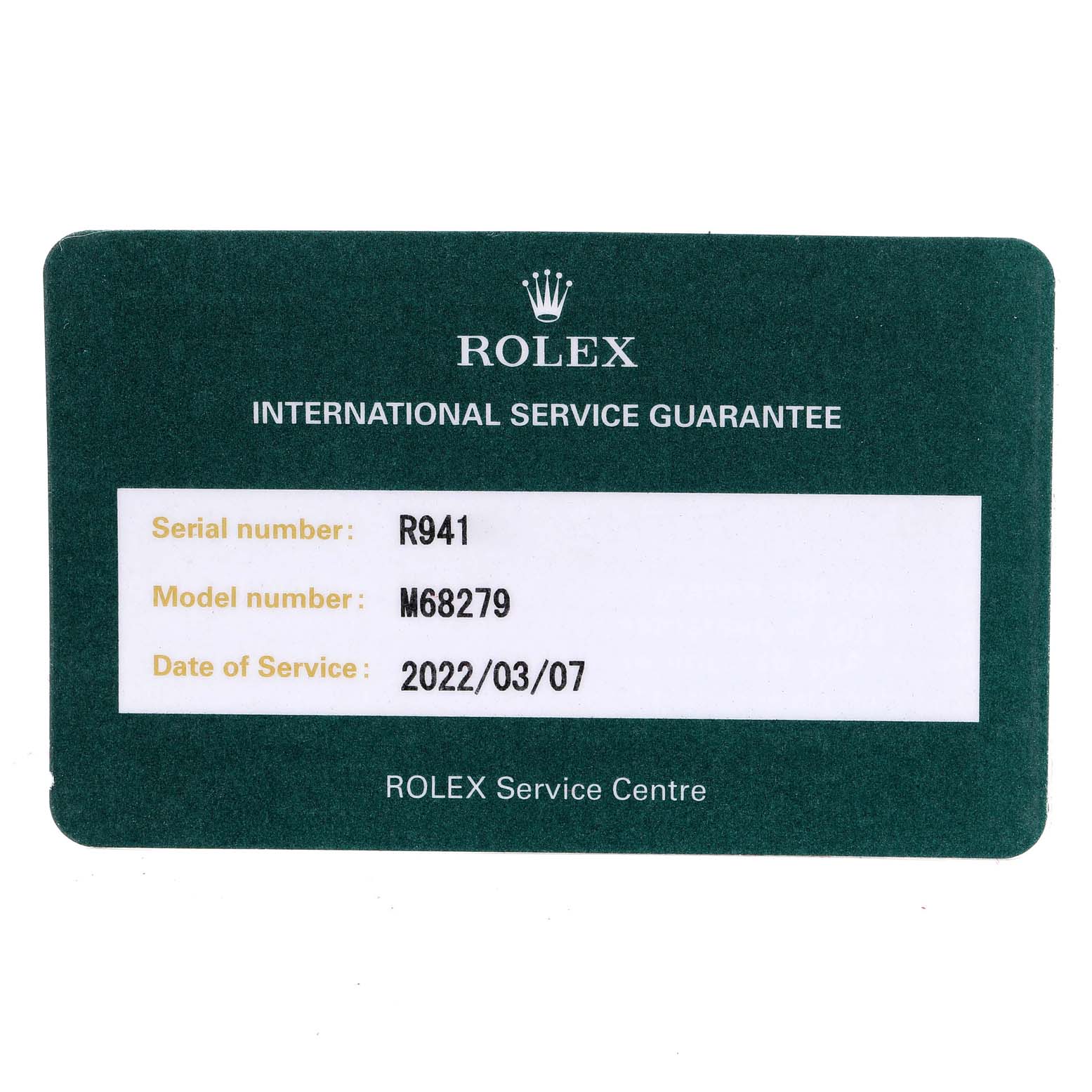The image shows a Rolex International Service Guarantee card for the President model watch.