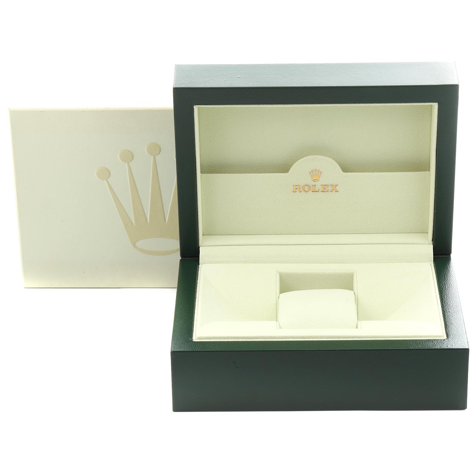 The image shows a Rolex box for the President model, featuring its signature green and beige interior, viewed from the front.