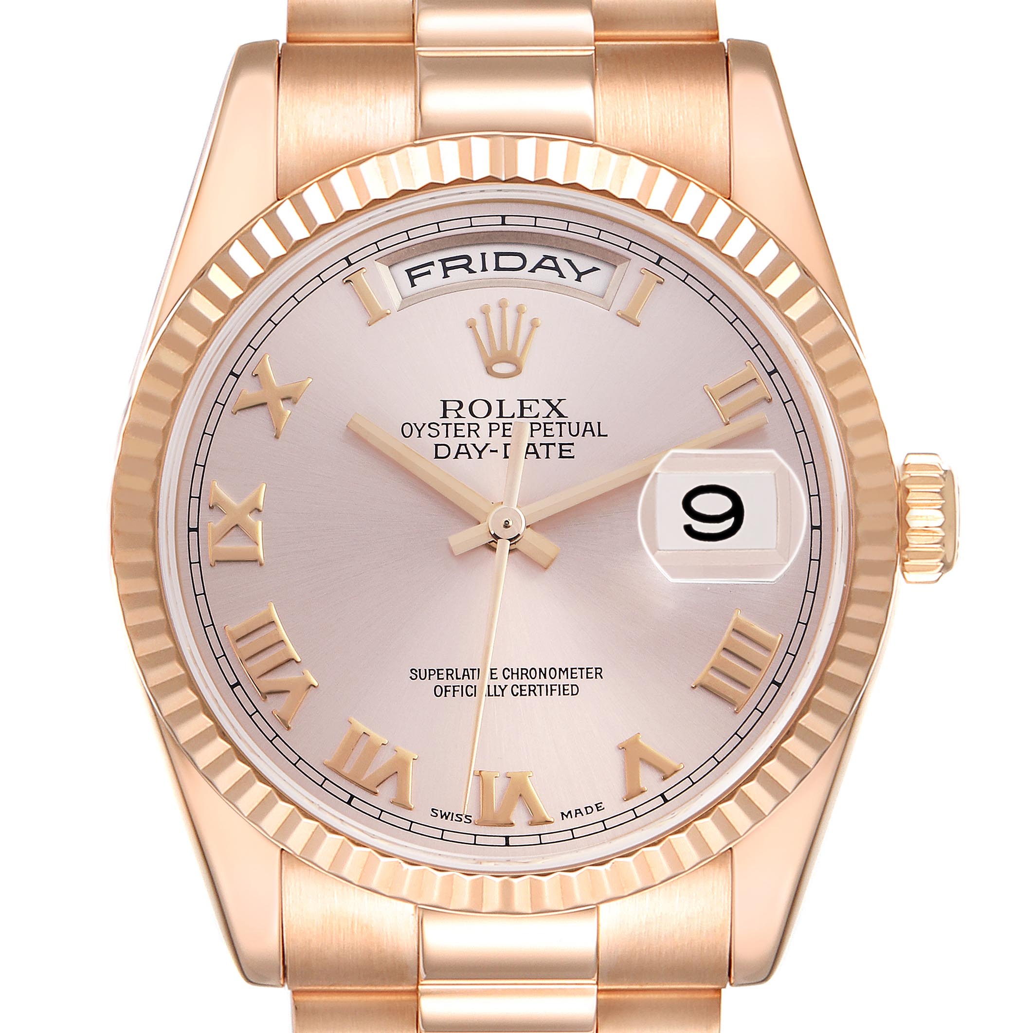 The Rolex President 118235 Men's Rose Gold Pink Dial 118235 Men's Rose Gold Pink Dial watch is shown from the front, highlighting the dial, day, and date features.