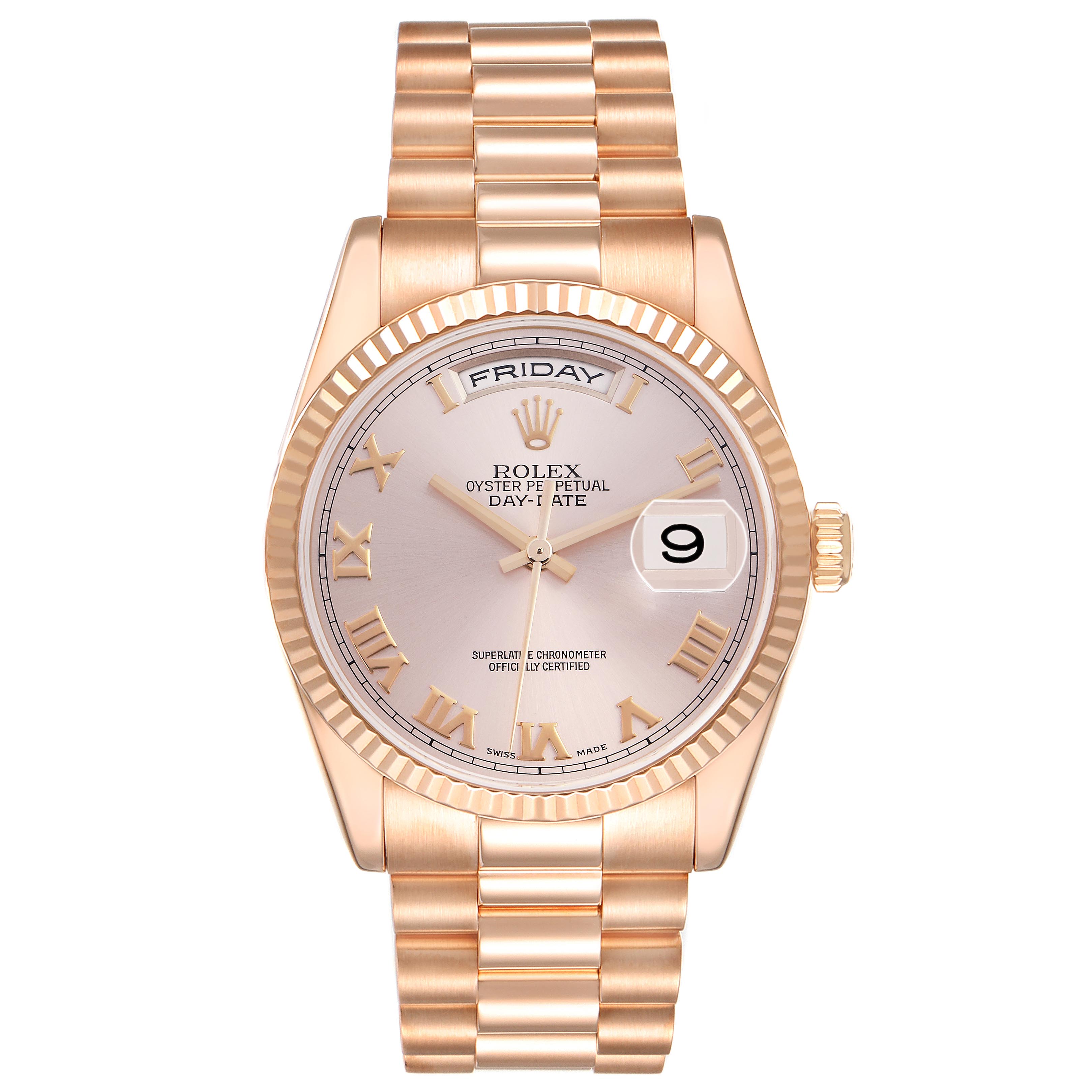 The Rolex President 118235 Men's Rose Gold Pink Dial 118235 Men's Rose Gold Pink Dial watch is shown from a front view, displaying the face, bezel, crown, and bracelet.