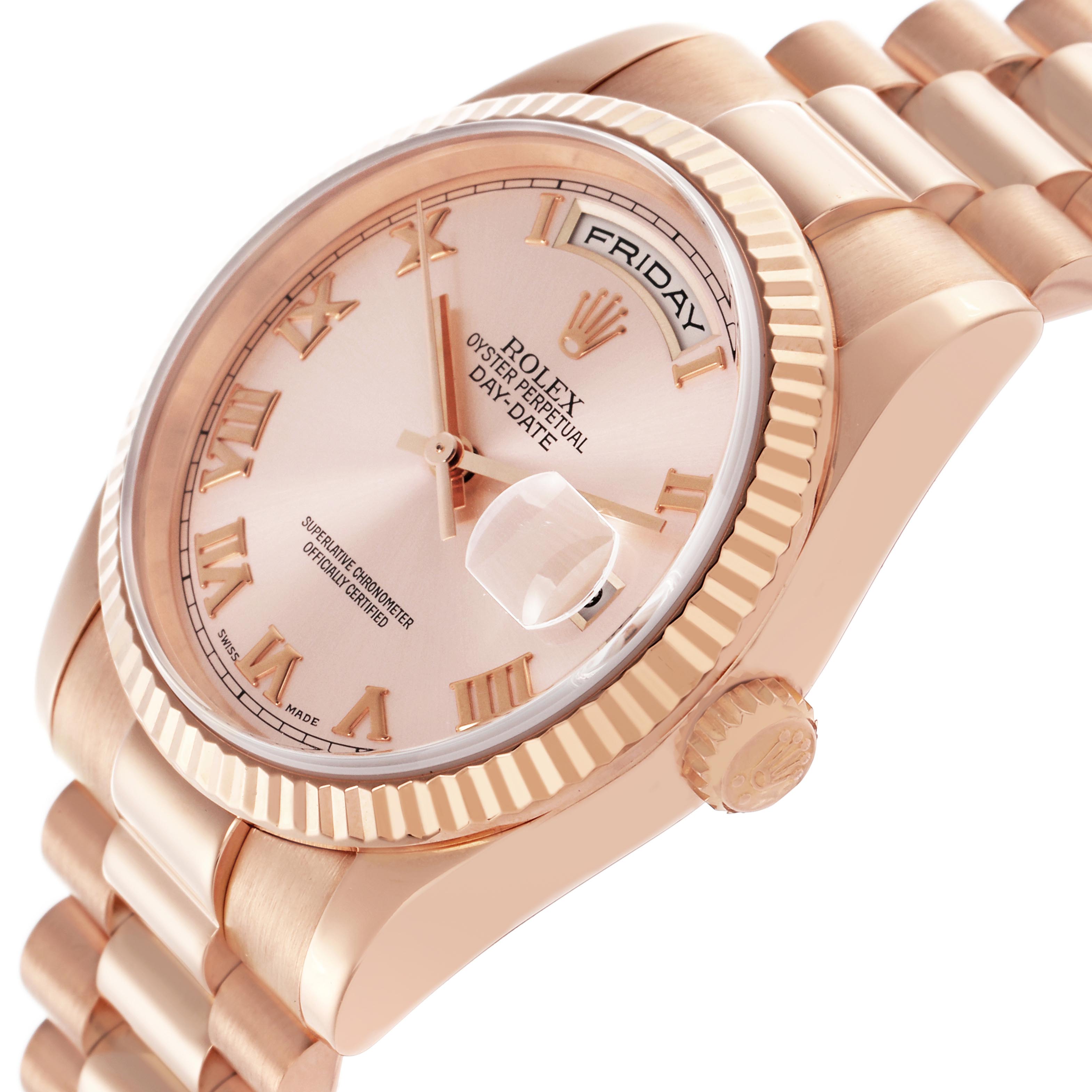 The Rolex President 118235 Men's Rose Gold Pink Dial 118235 Men's Rose Gold Pink Dial model is shown at an angled view, highlighting the case, bezel, bracelet, and dial with Roman numerals.