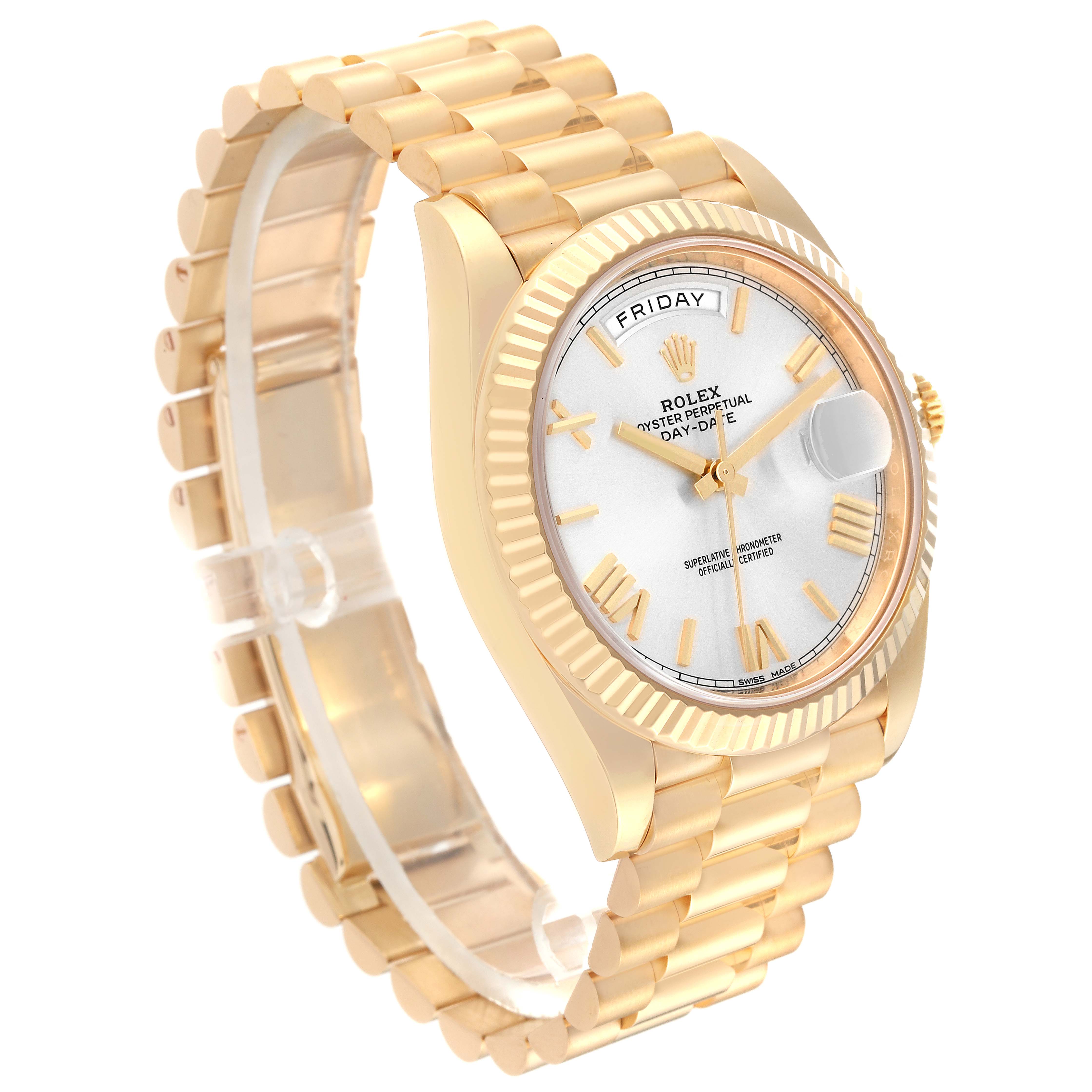 The Rolex President 228238 Men
s Yellow Gold Silver Dial 228238 Men
s Yellow Gold Silver Dial model watch is shown at a three-quarter angle, highlighting the bracelet, bezel, and dial.