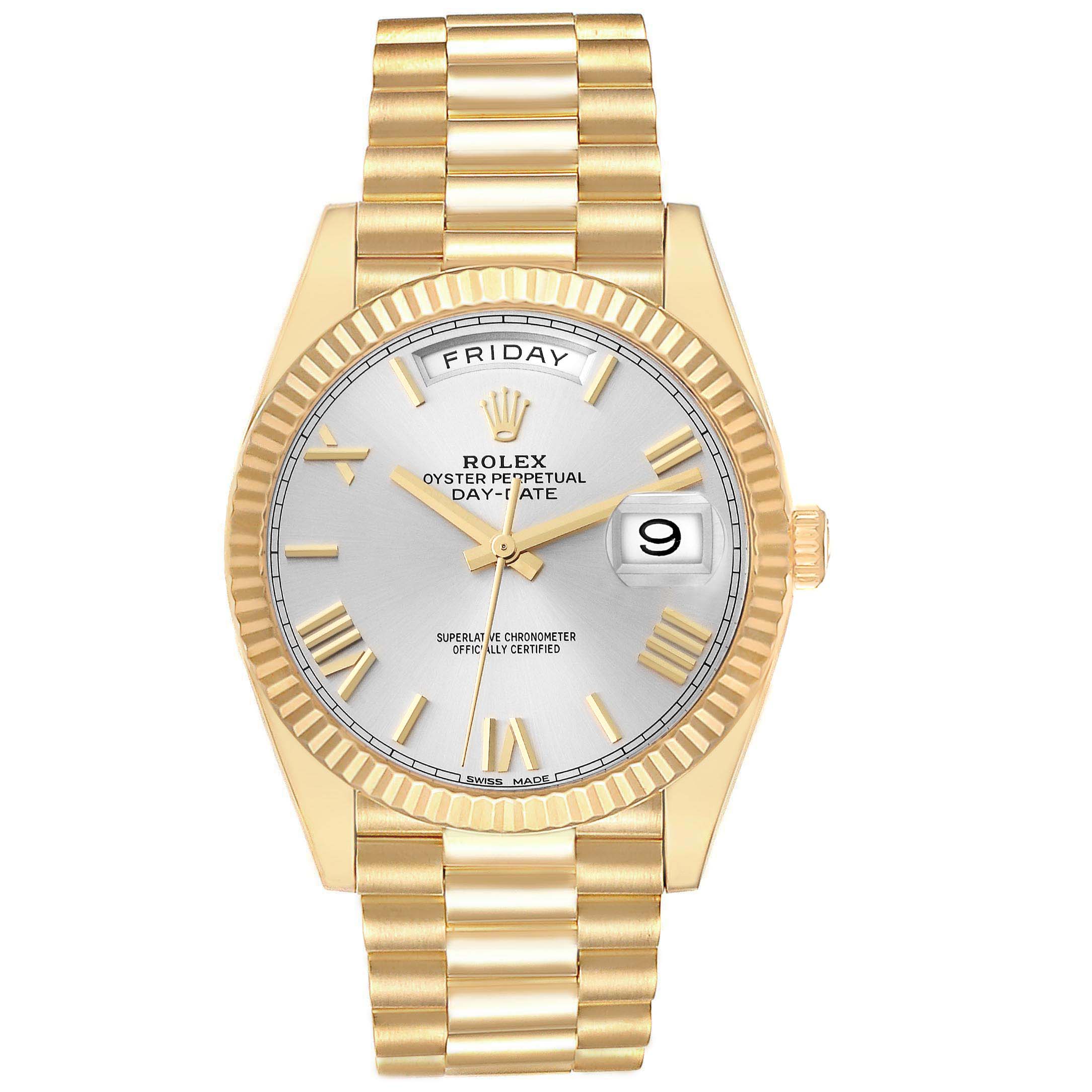 The image shows a frontal view of the Rolex President 228238 Men
s Yellow Gold Silver Dial 228238 Men
s Yellow Gold Silver Dial model watch, displaying its gold bracelet, bezel, dial, and date/day functions.