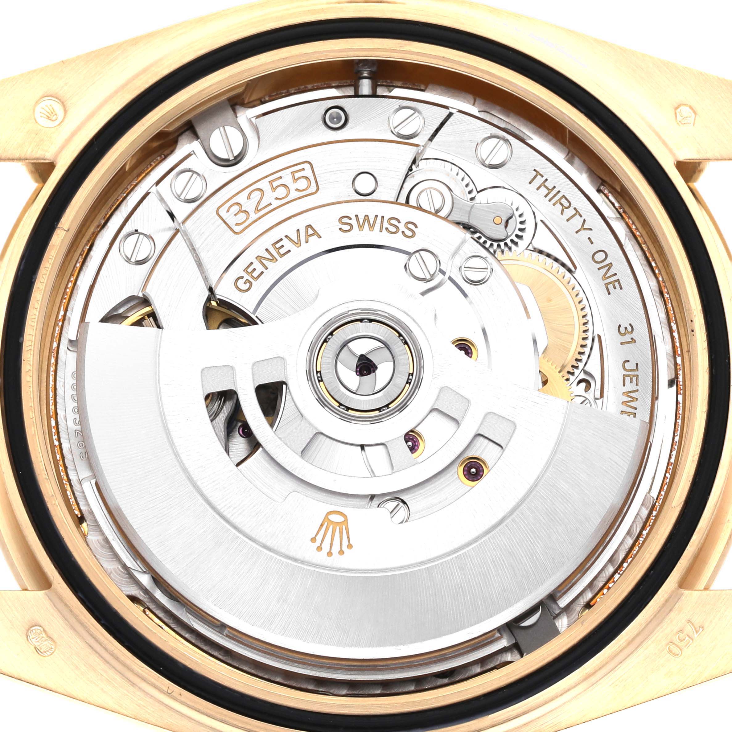 This image shows the intricate internal mechanism of the Rolex President 228238 Men
s Yellow Gold Silver Dial 228238 Men
s Yellow Gold Silver Dial model watch, viewed from the back.
