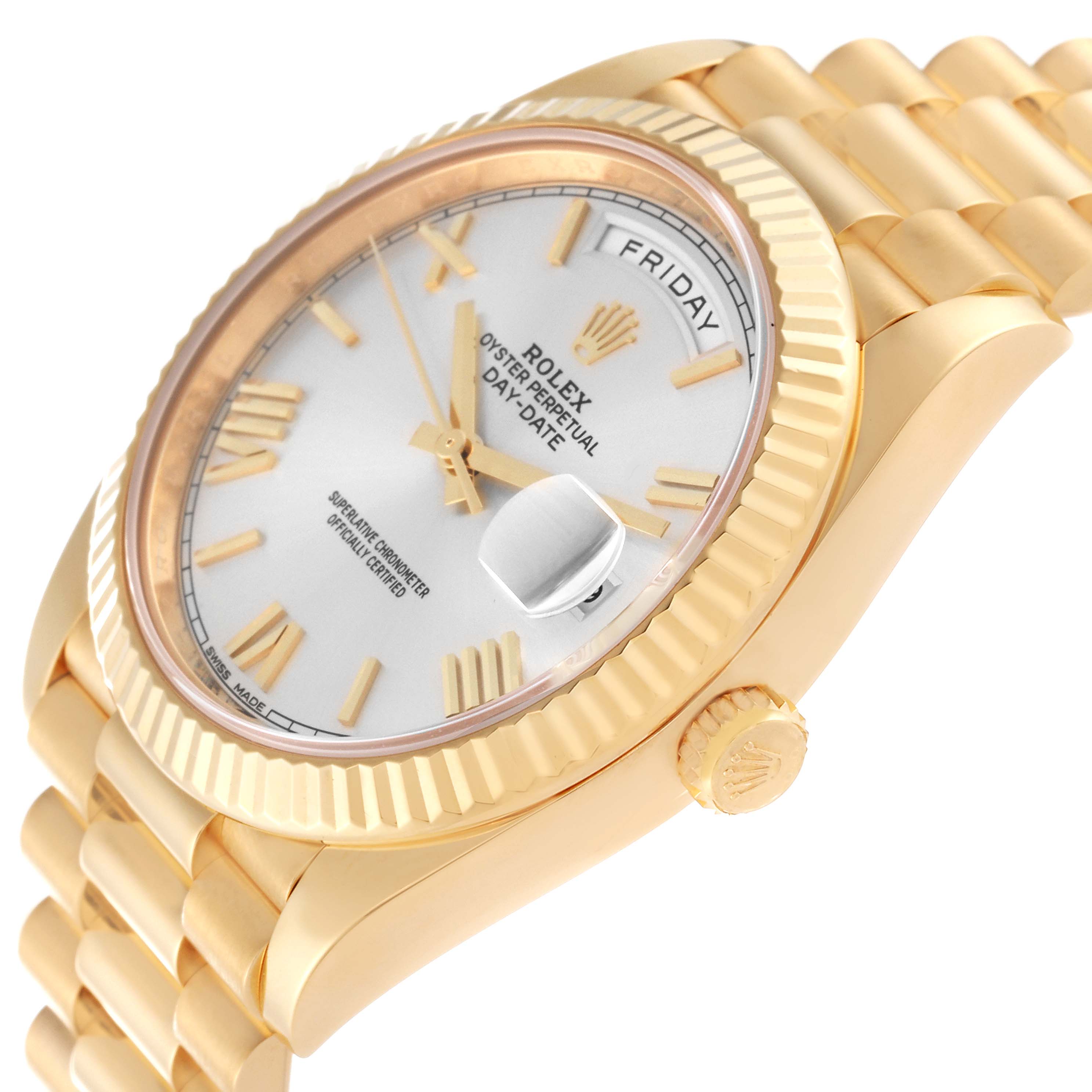 The image shows a side angle of a Rolex President 228238 Men
s Yellow Gold Silver Dial 228238 Men
s Yellow Gold Silver Dial model watch, highlighting its gold bracelet, fluted bezel, crown, and part of the dial.