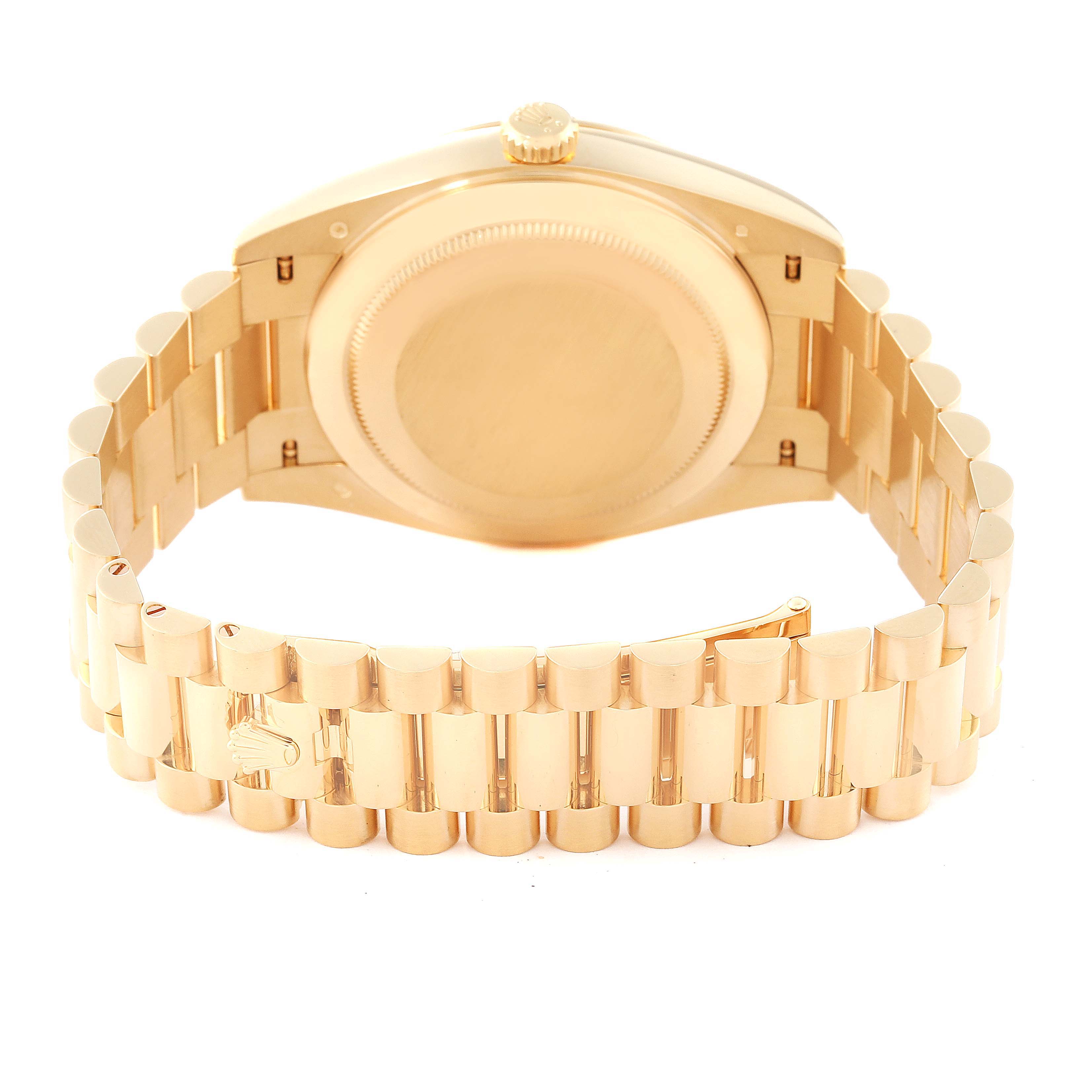 This image shows the back view of a Rolex President 228238 Men
s Yellow Gold Silver Dial 228238 Men
s Yellow Gold Silver Dial model watch, highlighting its gold case and bracelet.