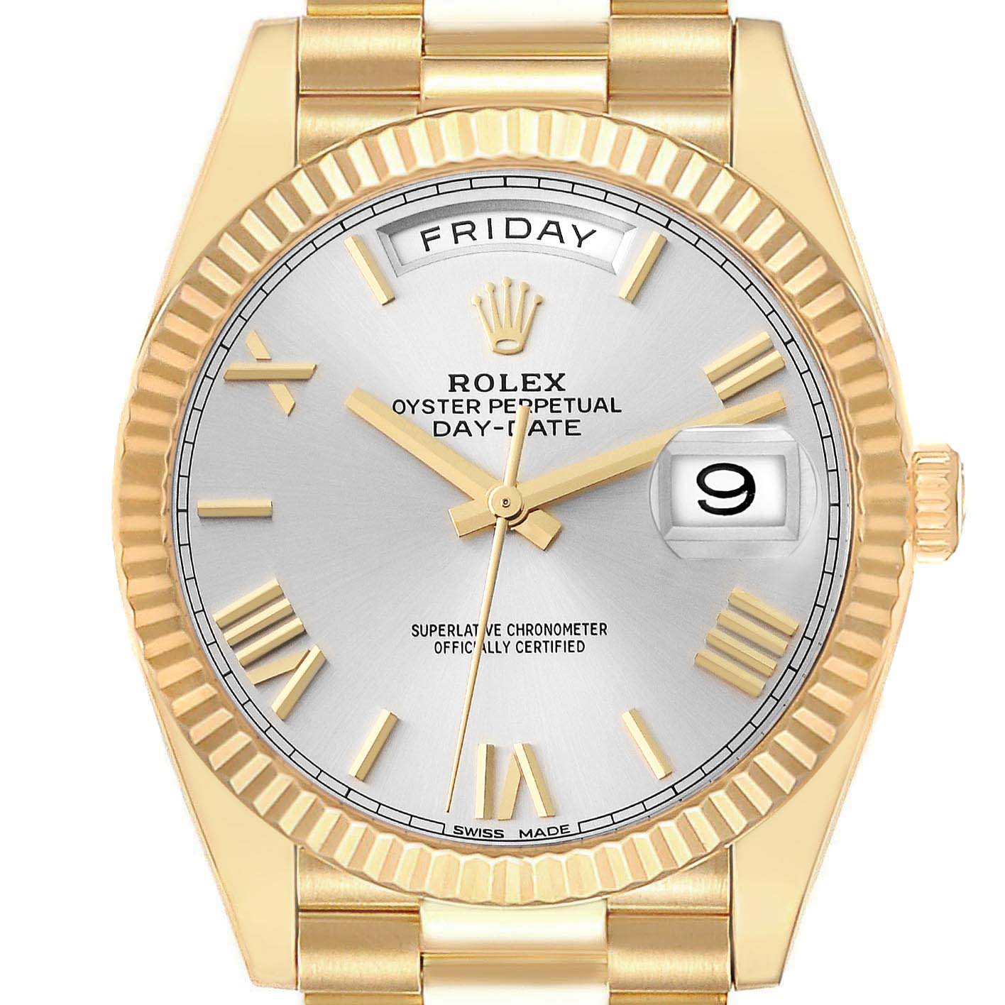 The image shows a front view of a Rolex President 228238 Men
s Yellow Gold Silver Dial 228238 Men
s Yellow Gold Silver Dial model watch, displaying the dial, day, date, and part of the bracelet.