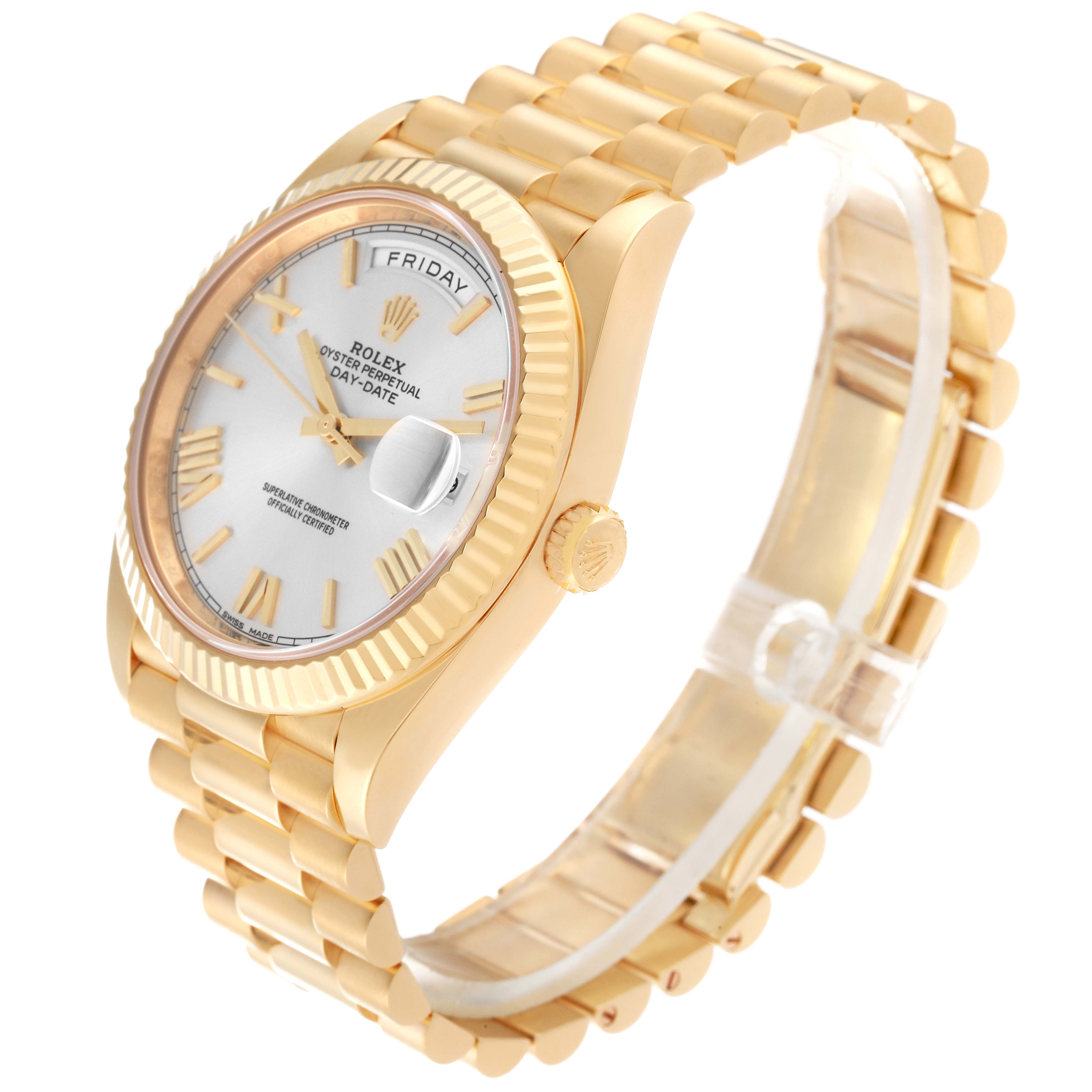 The image shows a Rolex President 228238 Men
s Yellow Gold Silver Dial 228238 Men
s Yellow Gold Silver Dial model watch at a 3/4 angle, highlighting the face, bezel, crown, and metal bracelet.