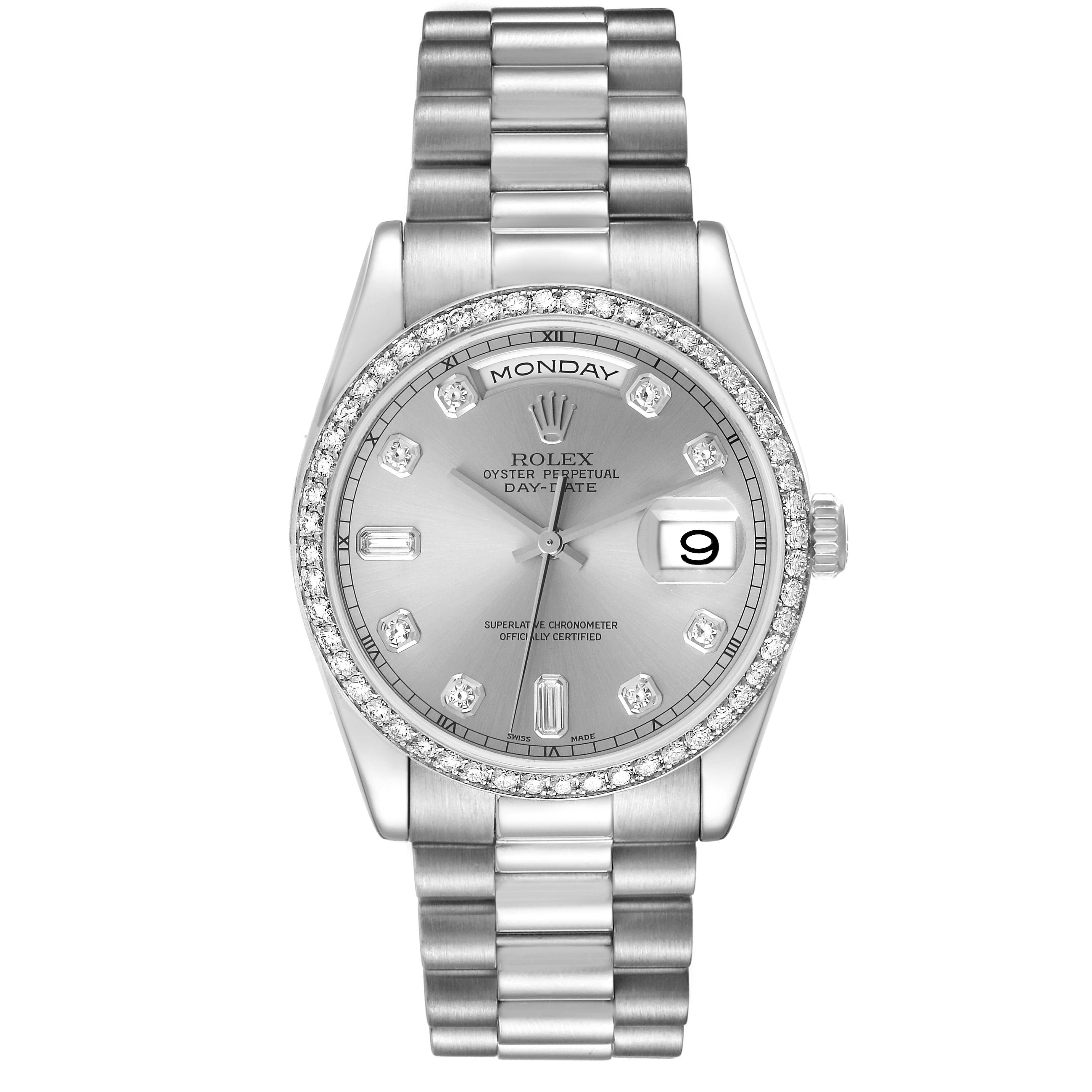 The image shows a front view of a Rolex President 118346 Men's Platinum Silver Dial 118346 Men's Platinum Silver Dial model watch, featuring its dial, bezel, and bracelet.