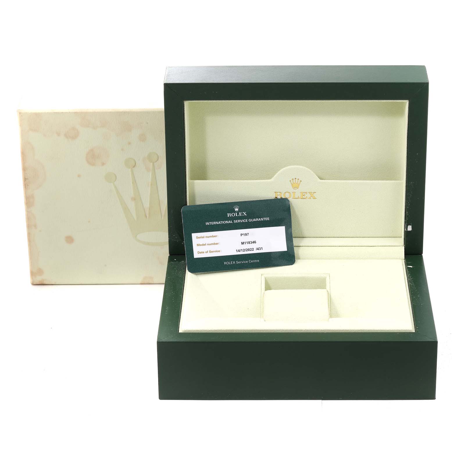The image shows the open box and service guarantee card for a Rolex President 118346 Men's Platinum Silver Dial 118346 Men's Platinum Silver Dial model watch.