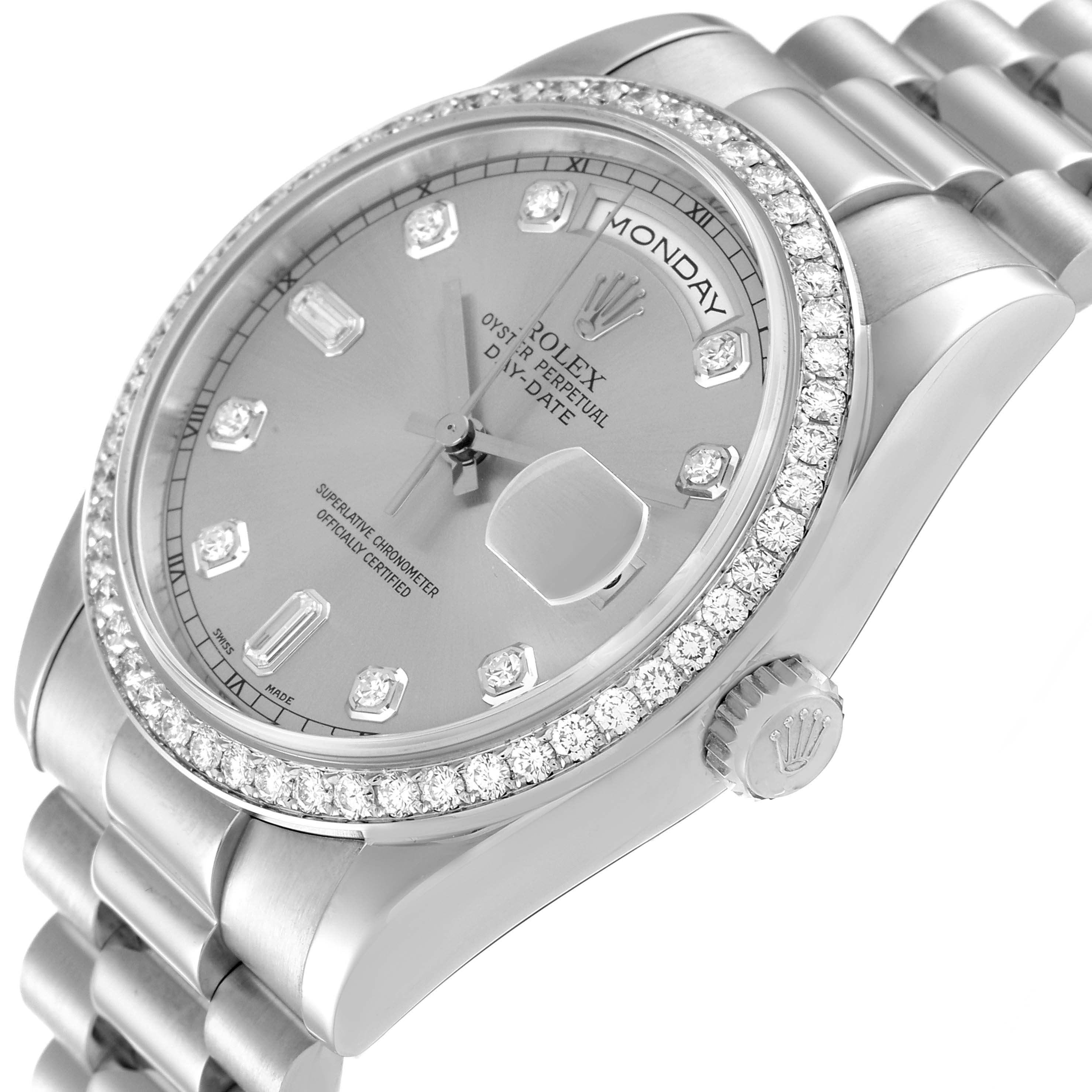 The image shows a close-up, angled shot of the dial, bezel, and bracelet of a Rolex President 118346 Men's Platinum Silver Dial 118346 Men's Platinum Silver Dial model watch.