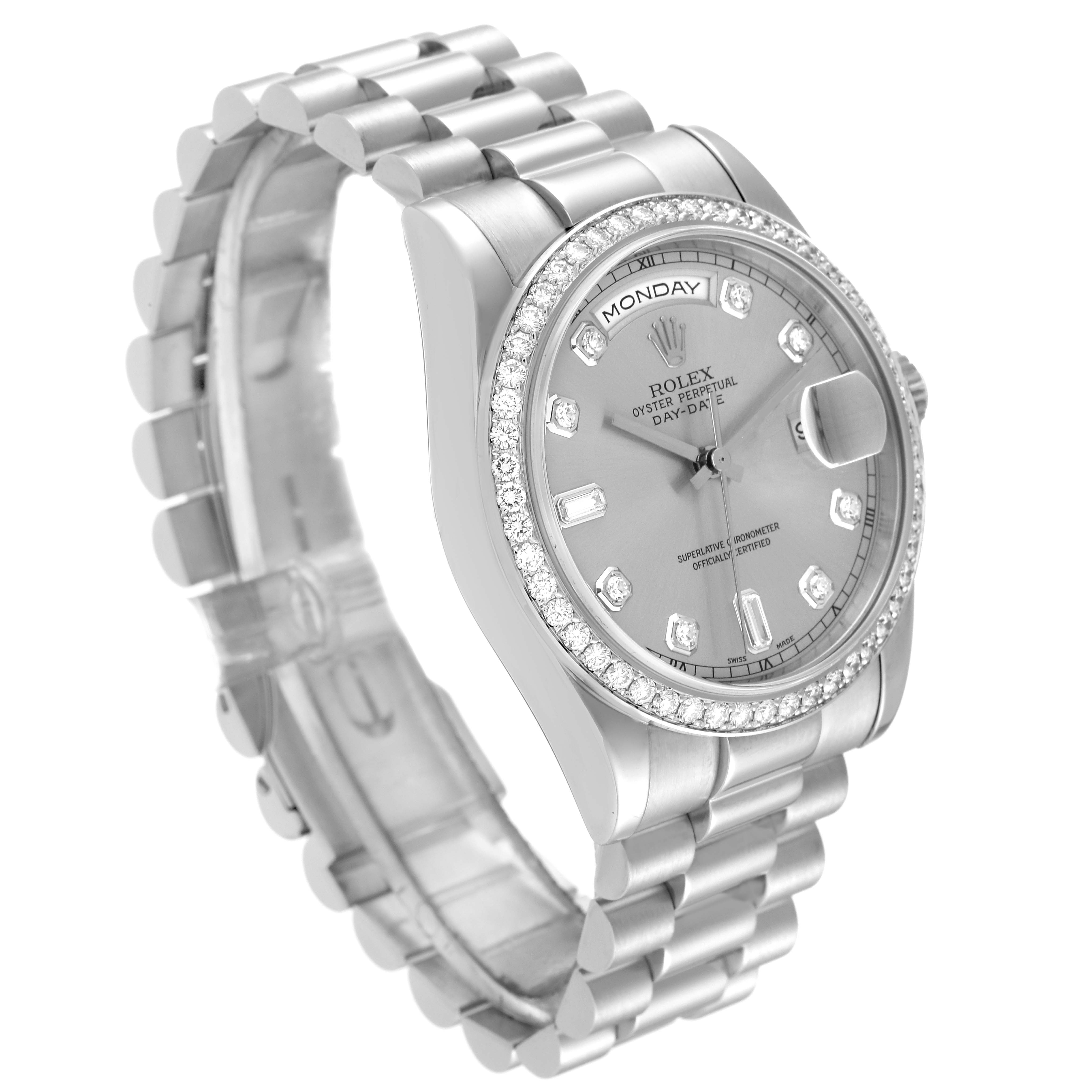 The image shows a side angle of the Rolex President 118346 Men's Platinum Silver Dial 118346 Men's Platinum Silver Dial watch, highlighting its bracelet, bezel, and face with day and date display.