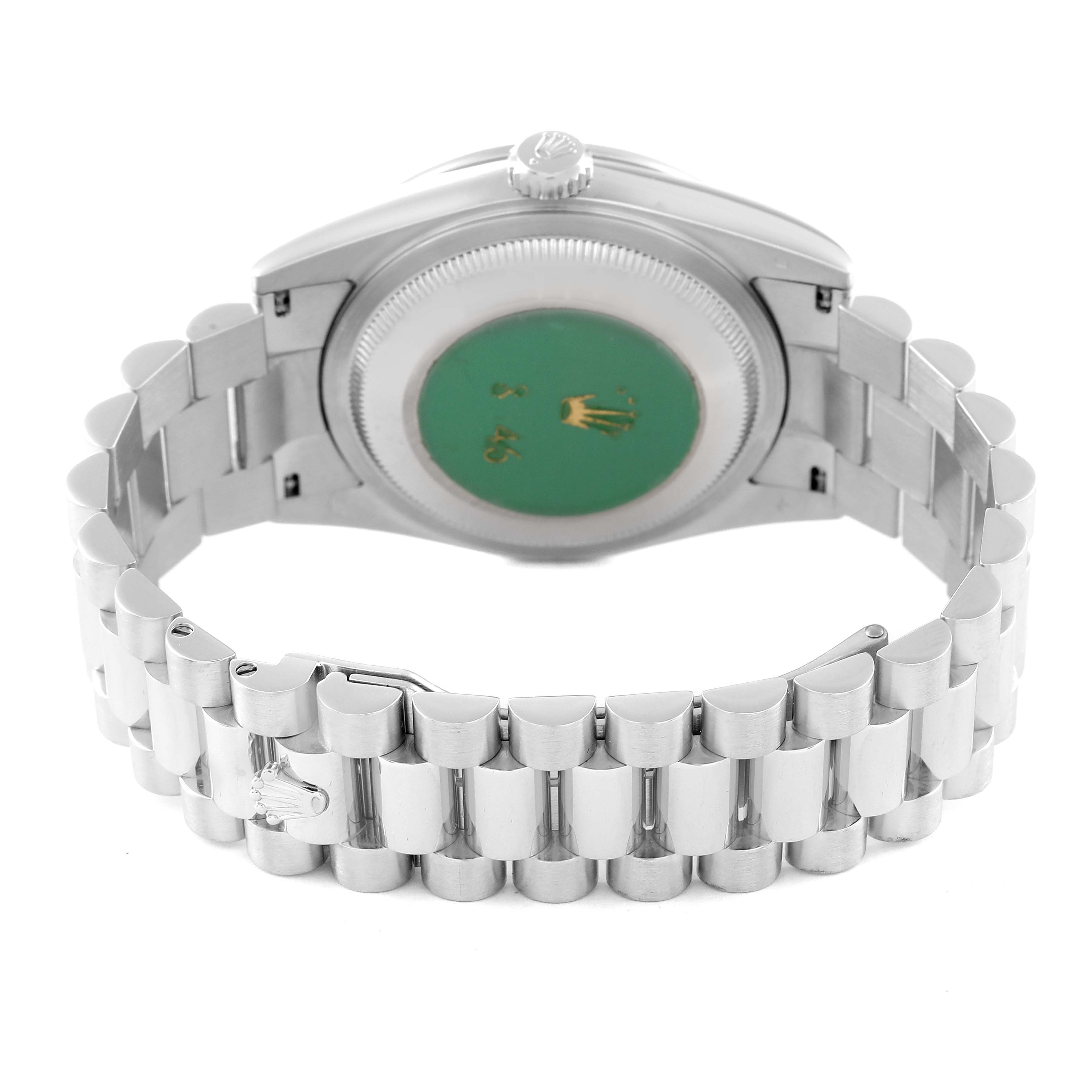 This image shows the back case and bracelet of a Rolex President 118346 Men's Platinum Silver Dial 118346 Men's Platinum Silver Dial model watch, taken from a rear angle.
