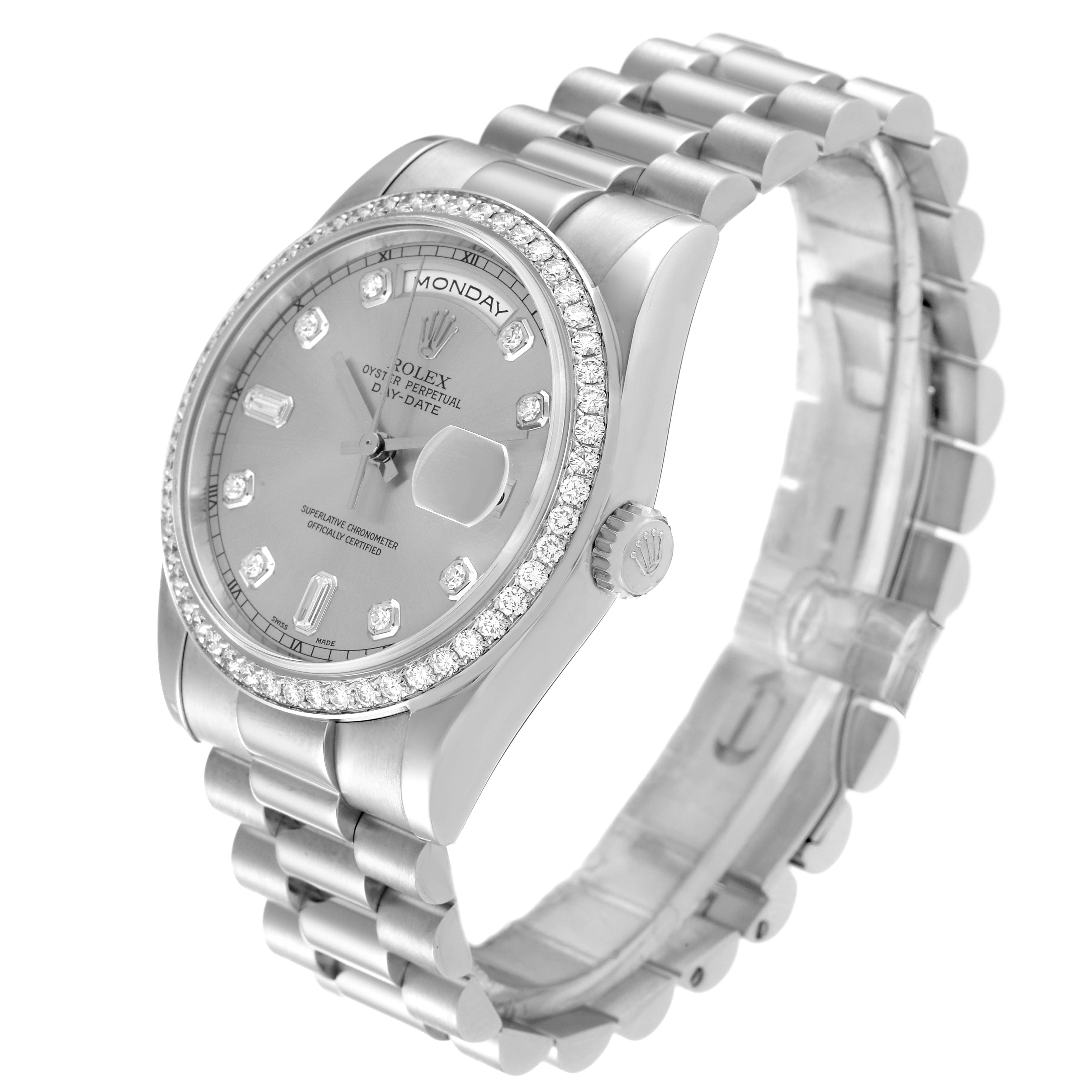 The Rolex President 118346 Men's Platinum Silver Dial 118346 Men's Platinum Silver Dial model watch is shown from an angled view, highlighting its face, bezel, bracelet, and crown.