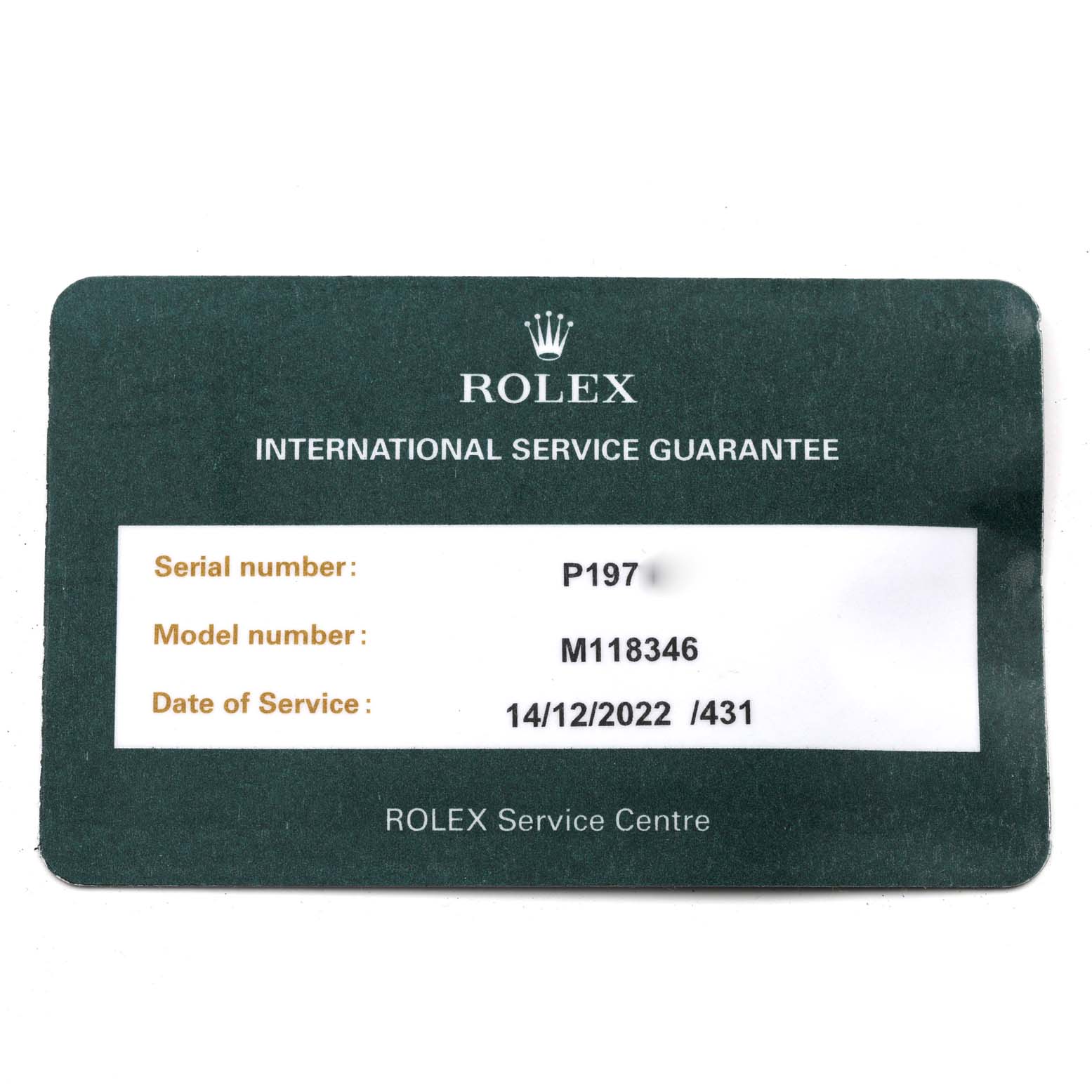 This image shows an International Service Guarantee card for a Rolex President 118346 Men's Platinum Silver Dial 118346 Men's Platinum Silver Dial model with the model number M118346.