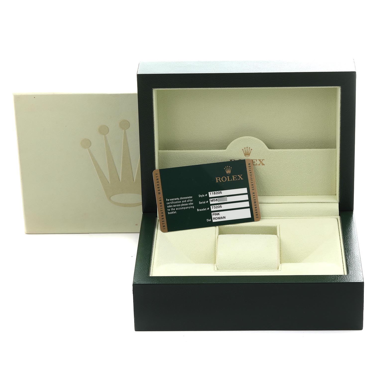 The image shows the packaging and certification card for a Rolex President 118205 Men's Rose Gold Pink Dial 118205 Men's Rose Gold Pink Dial model, with no watch visible.
