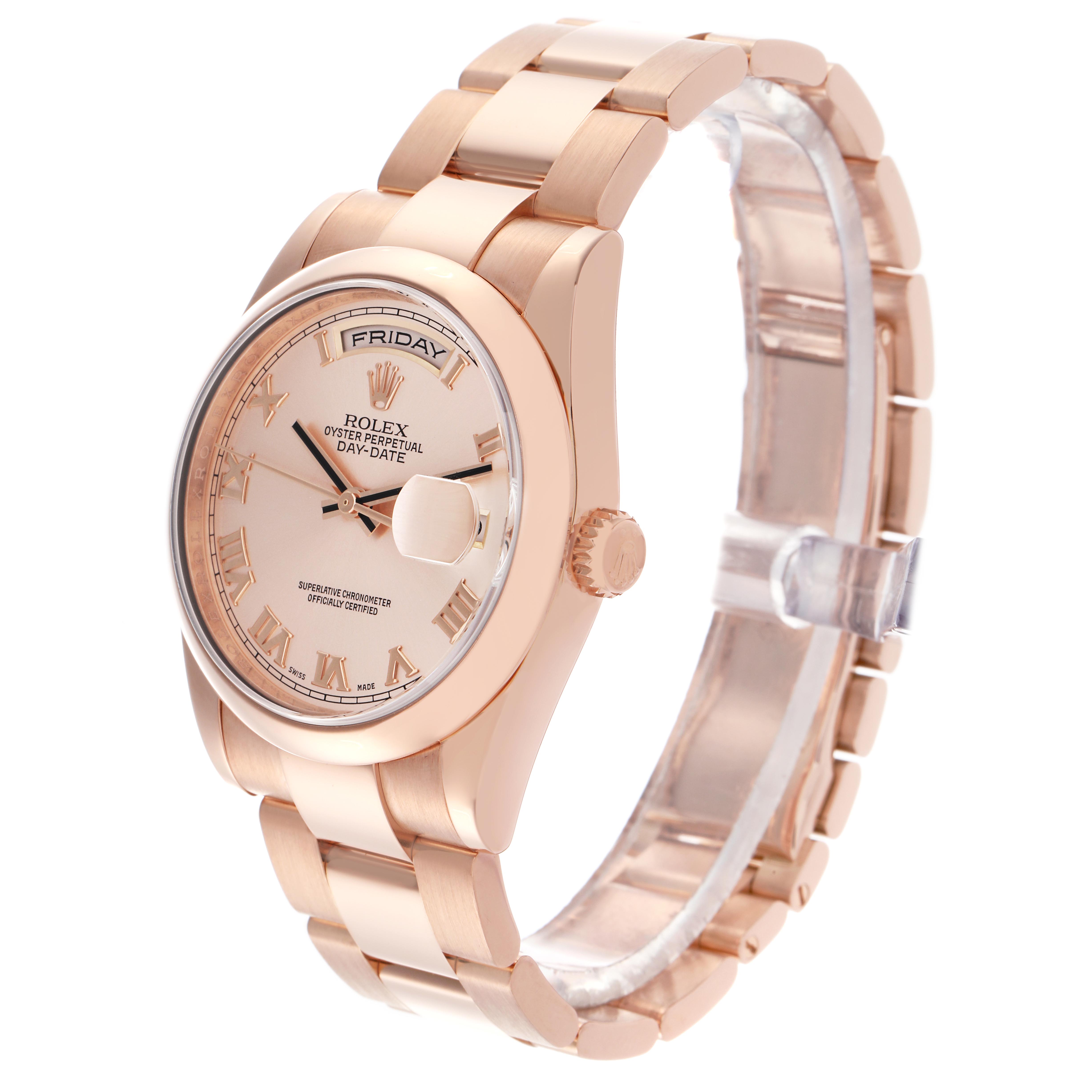 The Rolex President 118205 Men's Rose Gold Pink Dial 118205 Men's Rose Gold Pink Dial watch is shown at a three-quarter angle, displaying the dial, bezel, crown, and bracelet.