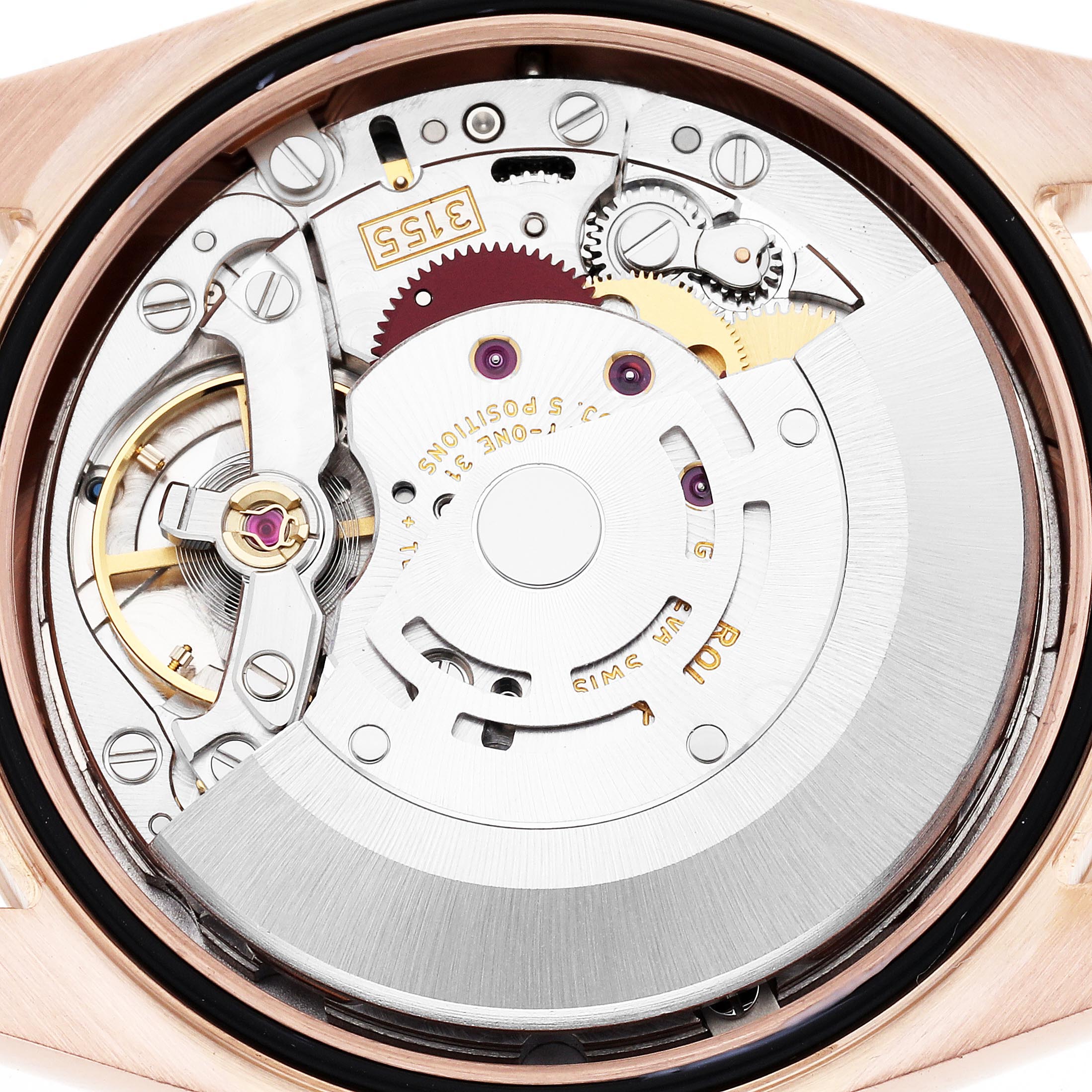The image shows the internal movement of a Rolex President 118205 Men's Rose Gold Pink Dial 118205 Men's Rose Gold Pink Dial model watch, viewed from the back.