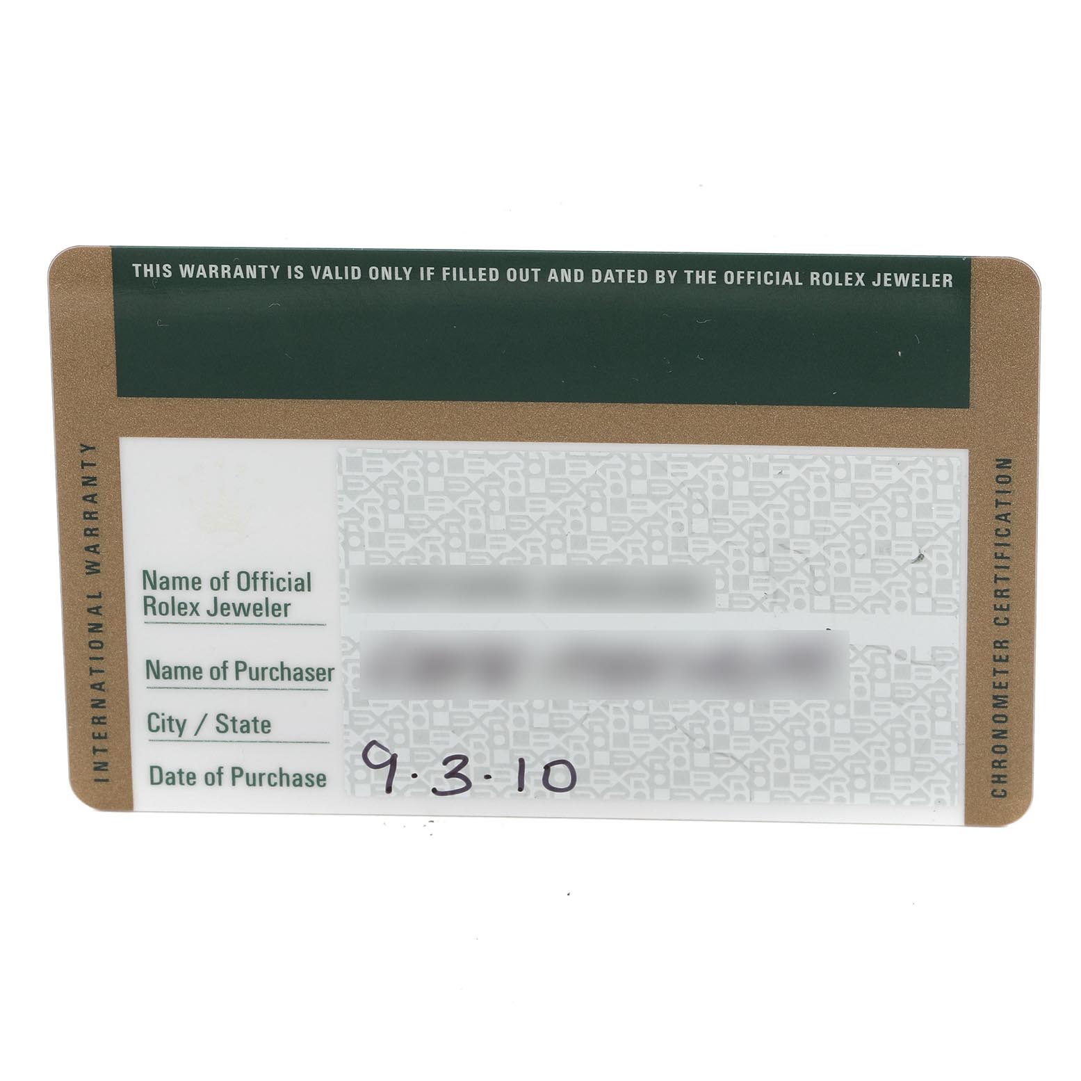 The image shows a warranty card for the Rolex President 118205 Men's Rose Gold Pink Dial 118205 Men's Rose Gold Pink Dial model, with details like purchaser's name and date of purchase.