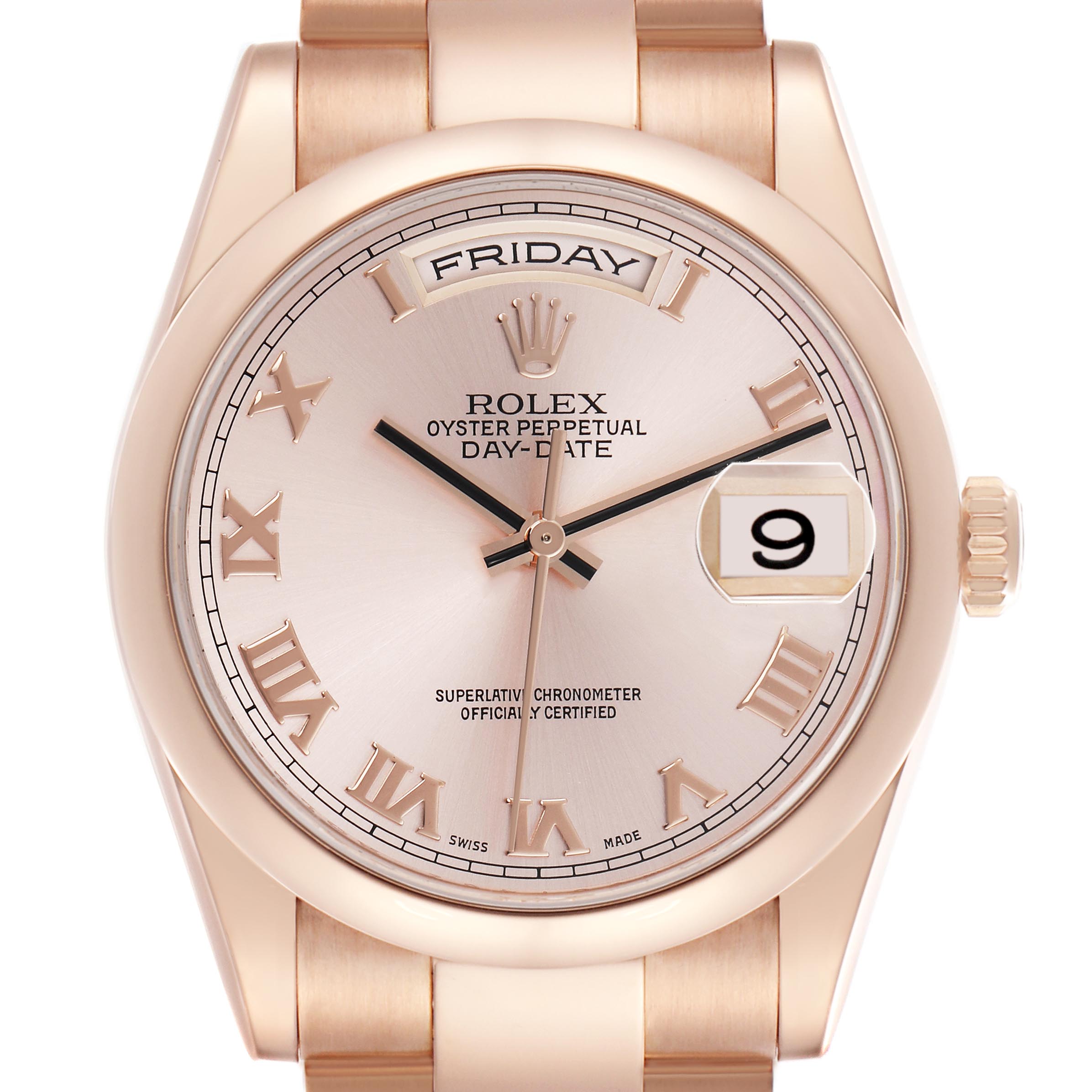 The Rolex President 118205 Men's Rose Gold Pink Dial 118205 Men's Rose Gold Pink Dial model is shown from the front, displaying the dial, bracelet, bezel, and crown.