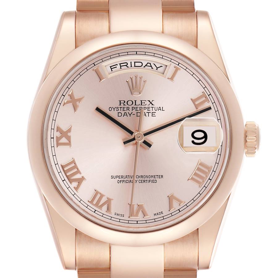 The Rolex President model is shown from the front, displaying the dial, bracelet, bezel, and crown.