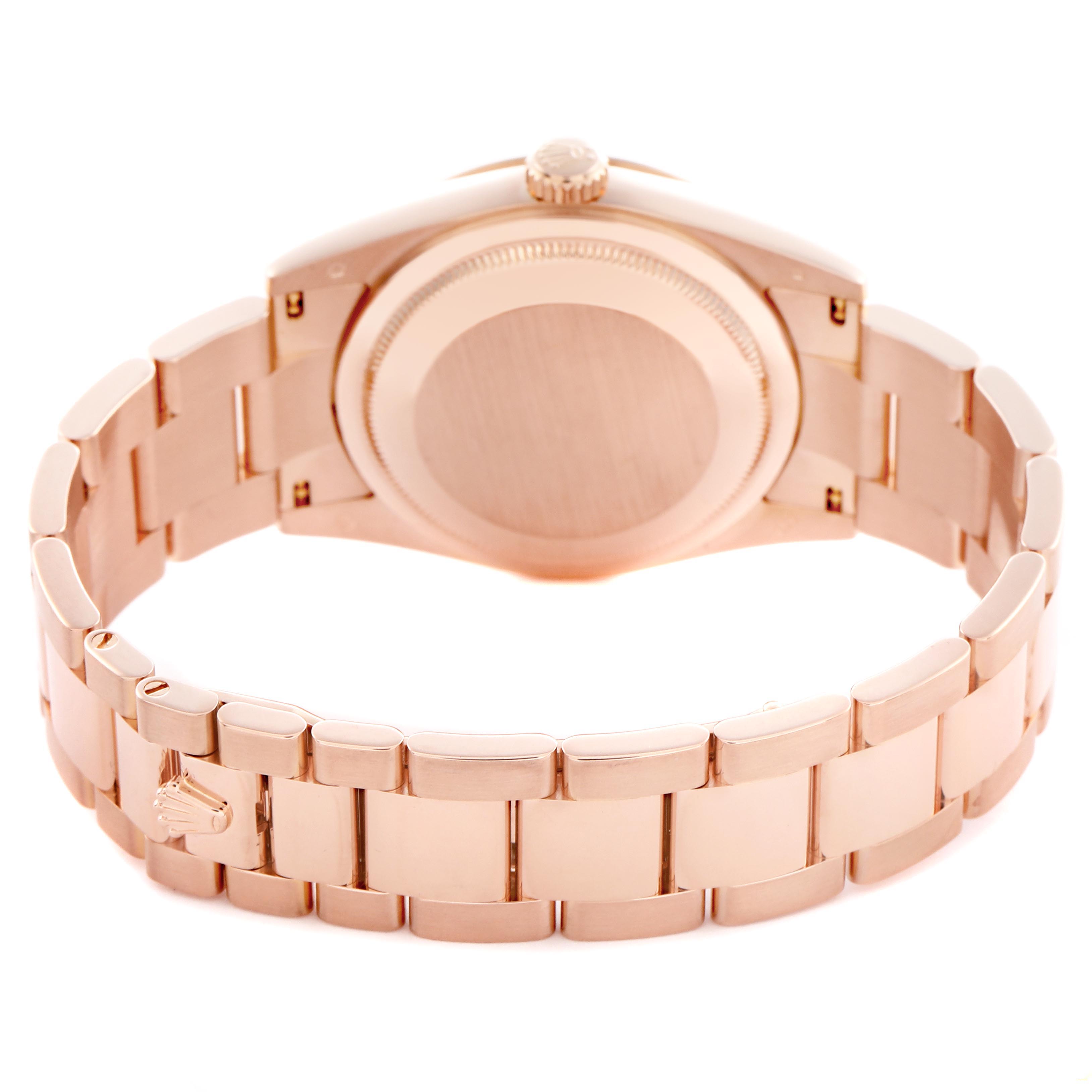 The image shows the back of a Rolex President 118205 Men's Rose Gold Pink Dial 118205 Men's Rose Gold Pink Dial watch, highlighting the bracelet and clasp from a rear angle.