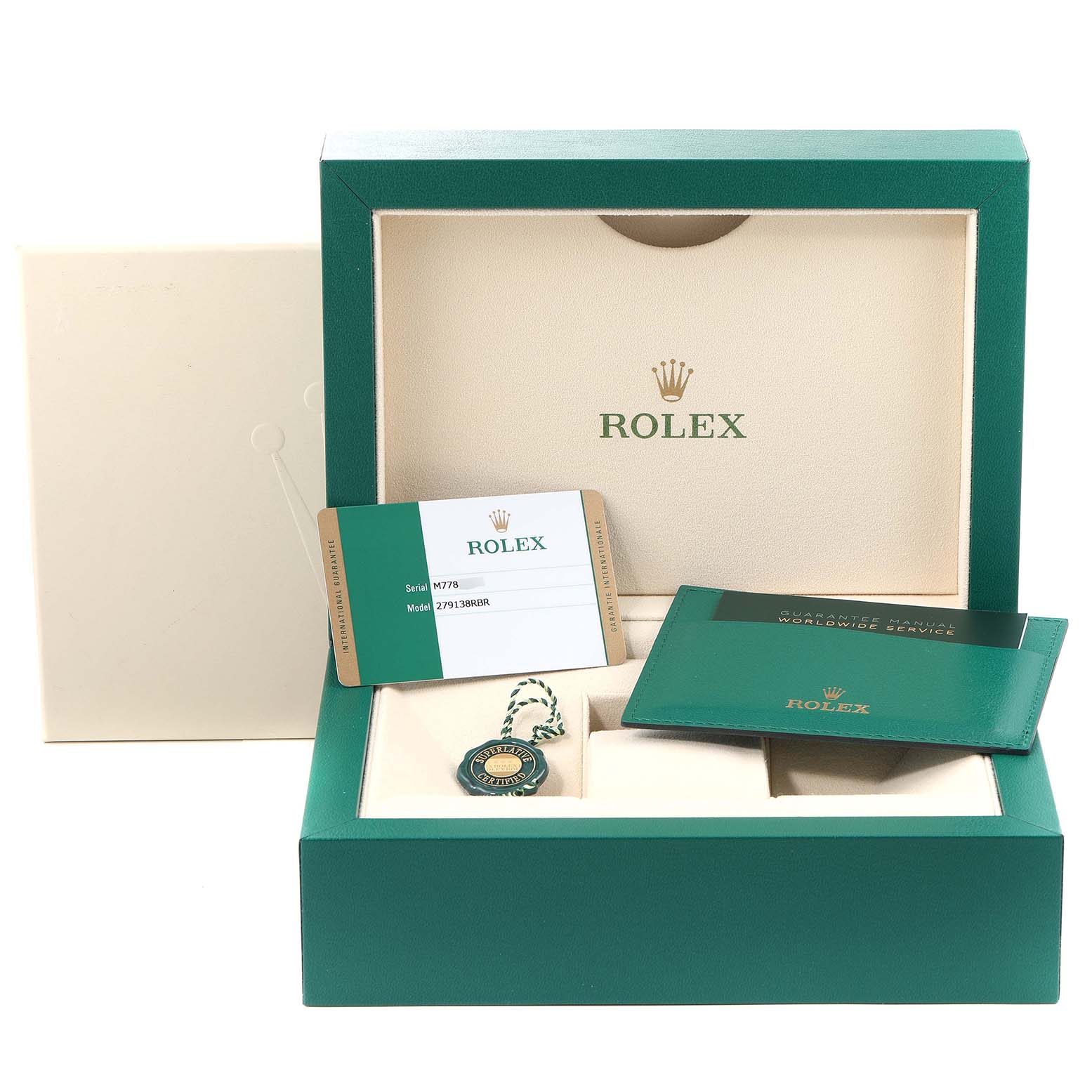 The image shows the packaging and accessories for a Rolex President 279138 Women's Yellow Gold Blue Dial 279138 Women's Yellow Gold Blue Dial model including a box, warranty card, manual, and tag.